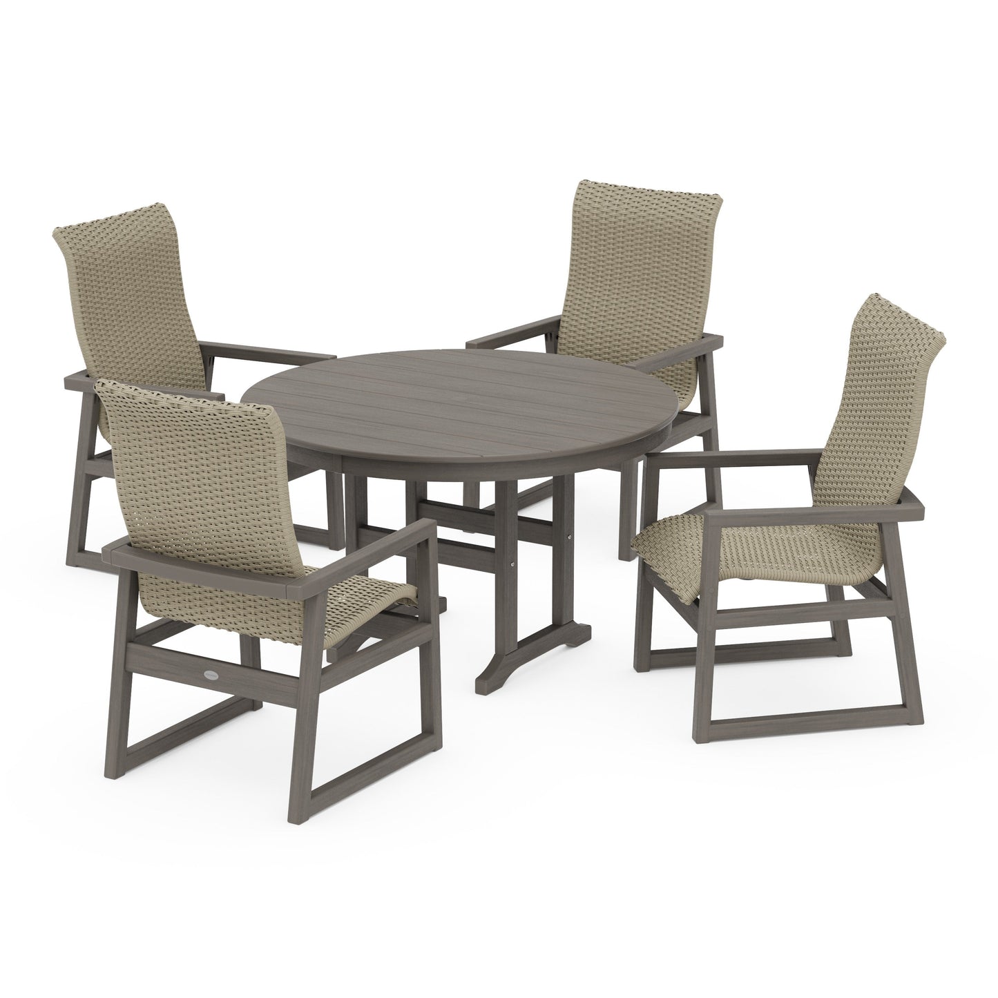 POLYWOOD EDGE Woven Highback 5-Piece Round Farmhouse Dining Set — Driftwood / Dune Grass