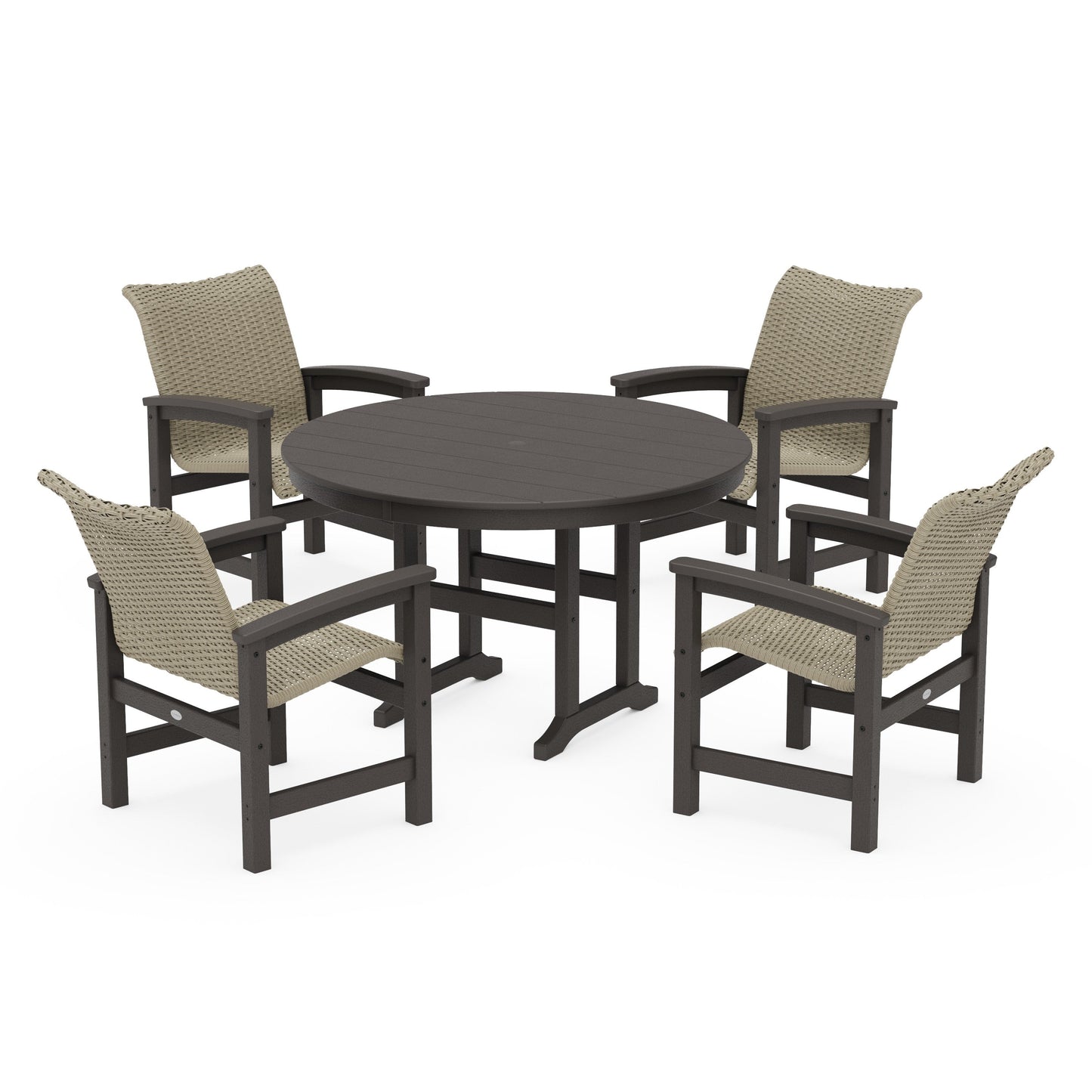 POLYWOOD Coastal Woven 5-Piece Round Farmhouse Dining Set — Vintage Coffee / Dune Grass