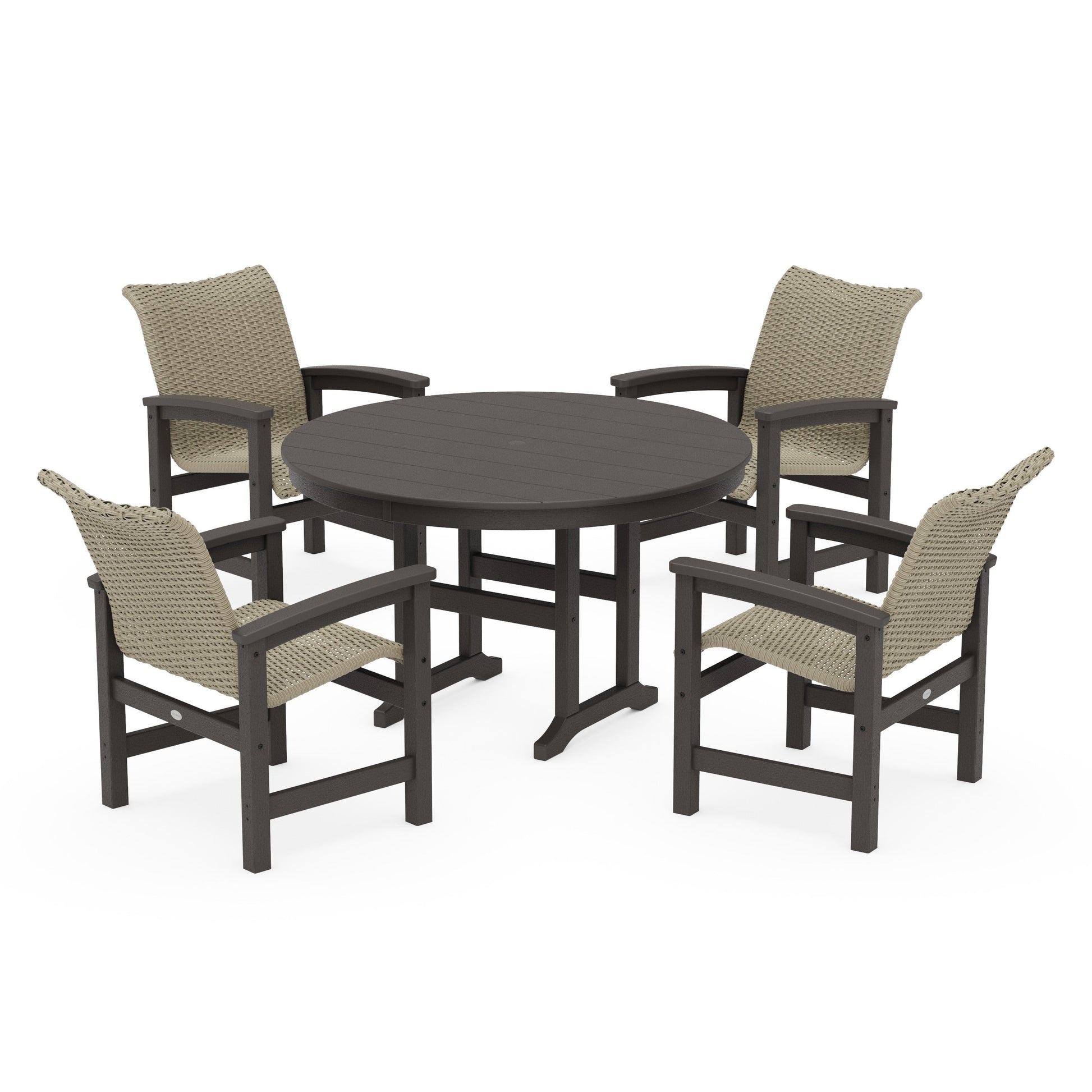 POLYWOOD Coastal Woven 5-Piece Round Farmhouse Dining Set — Vintage Coffee / Dune Grass