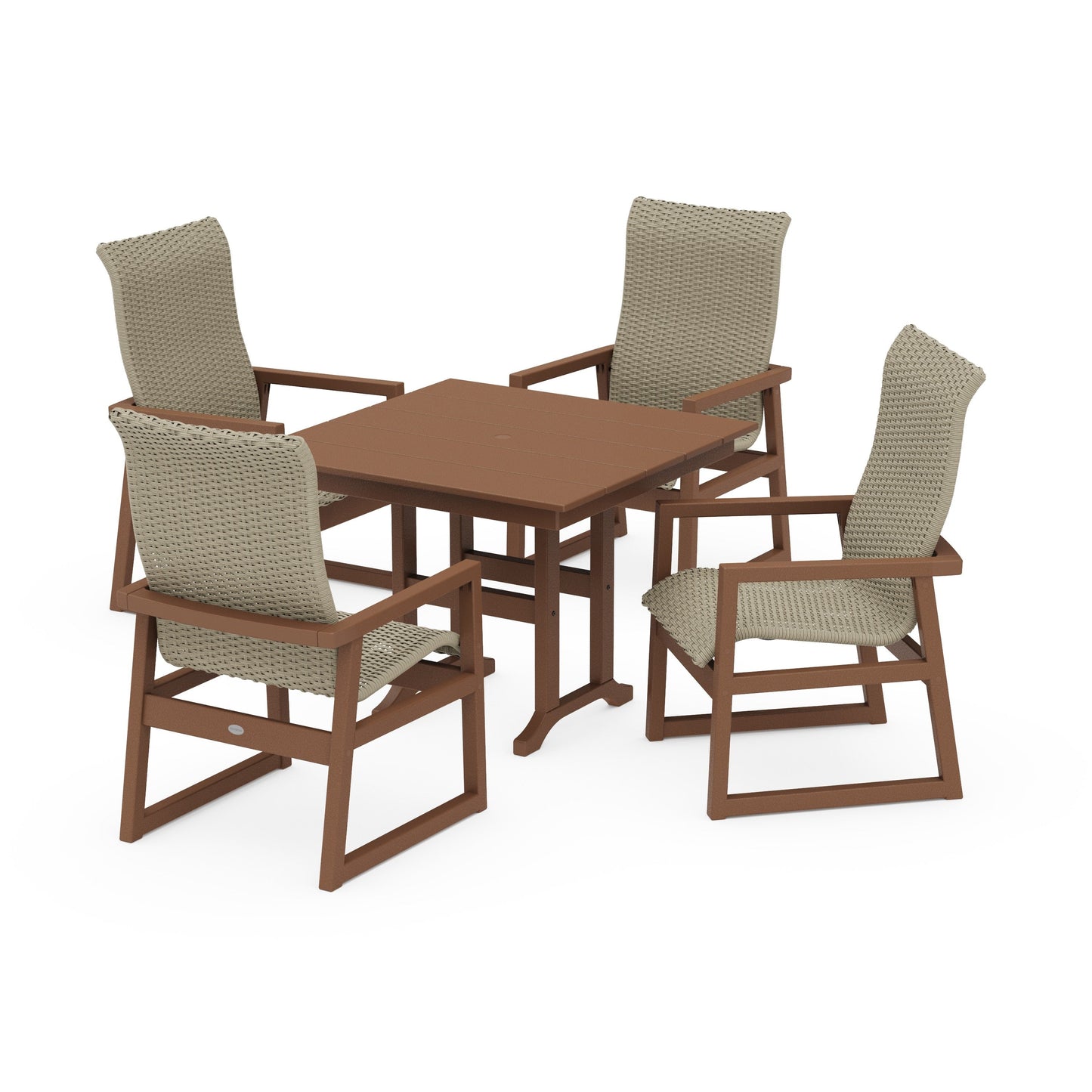 POLYWOOD EDGE Woven Highback 5-Piece Farmhouse Dining Set — Teak / Dune Grass