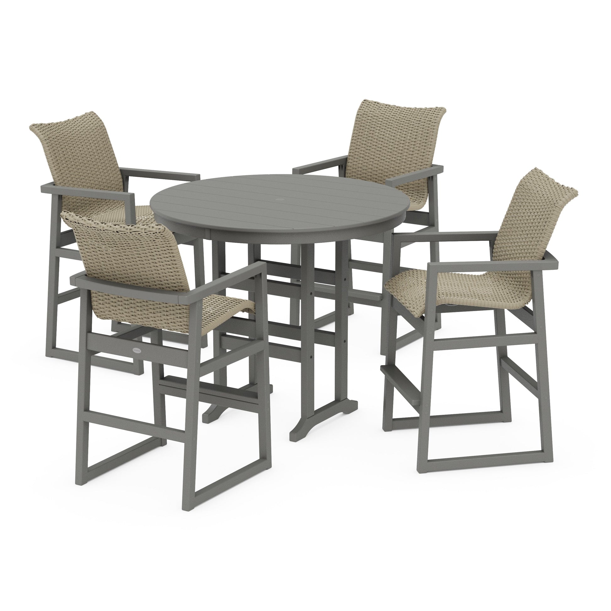 POLYWOOD EDGE Woven 5-Piece Round Farmhouse Bar Set — Slate Grey / Dune Grass