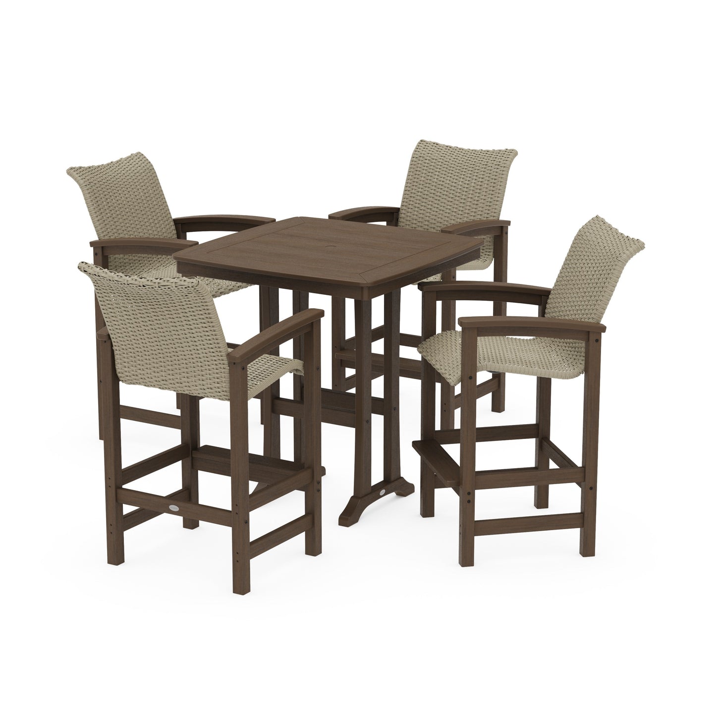 POLYWOOD Coastal Woven 5-Piece Bar Set with Trestle Legs — Kona / Dune Grass