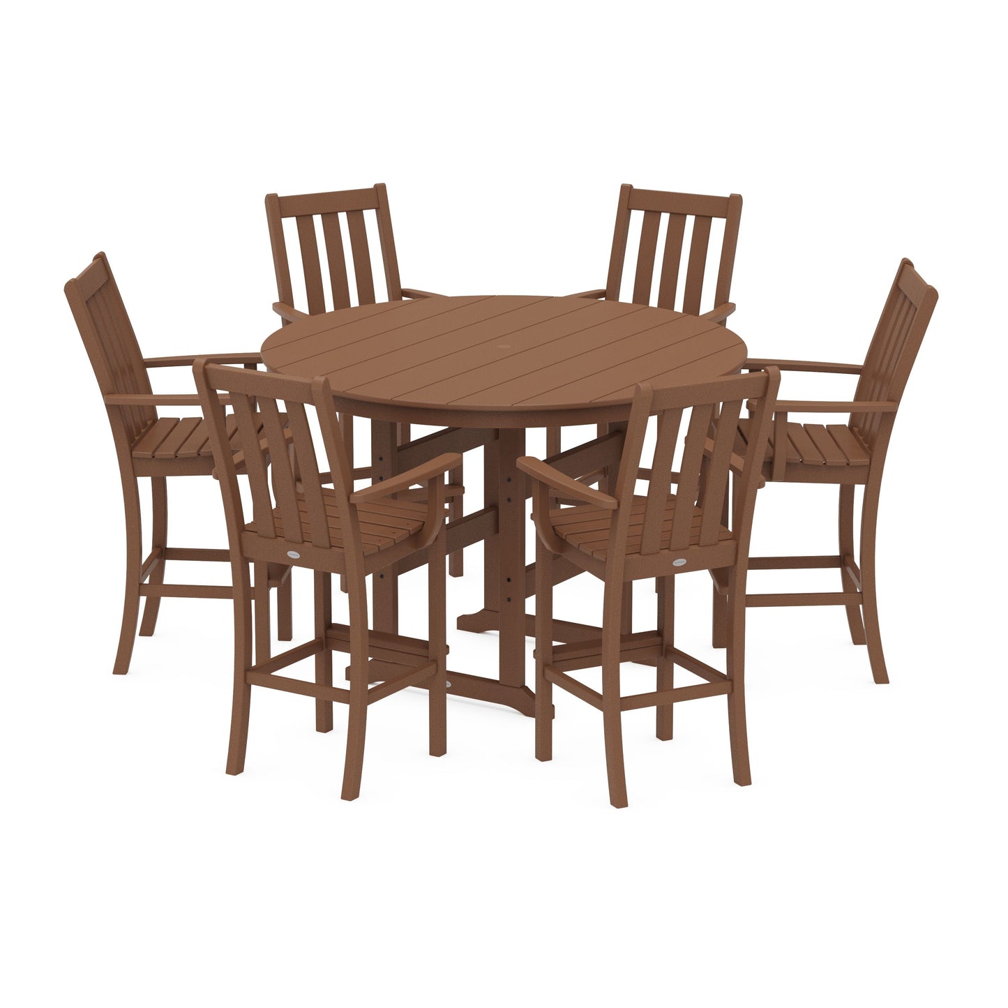 POLYWOOD Vineyard 7-Piece Arm Chair Round Farmhouse Bar Set — Teak