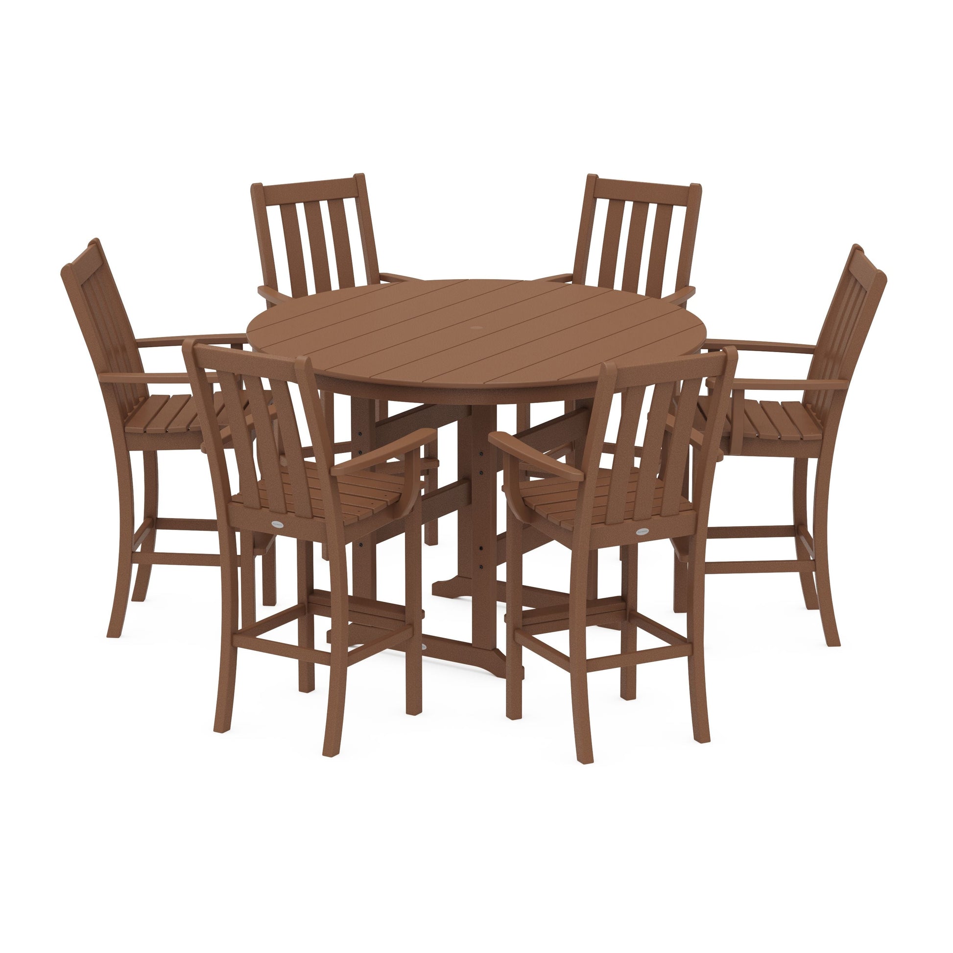 POLYWOOD Vineyard 7-Piece Arm Chair Round Farmhouse Bar Set — Teak