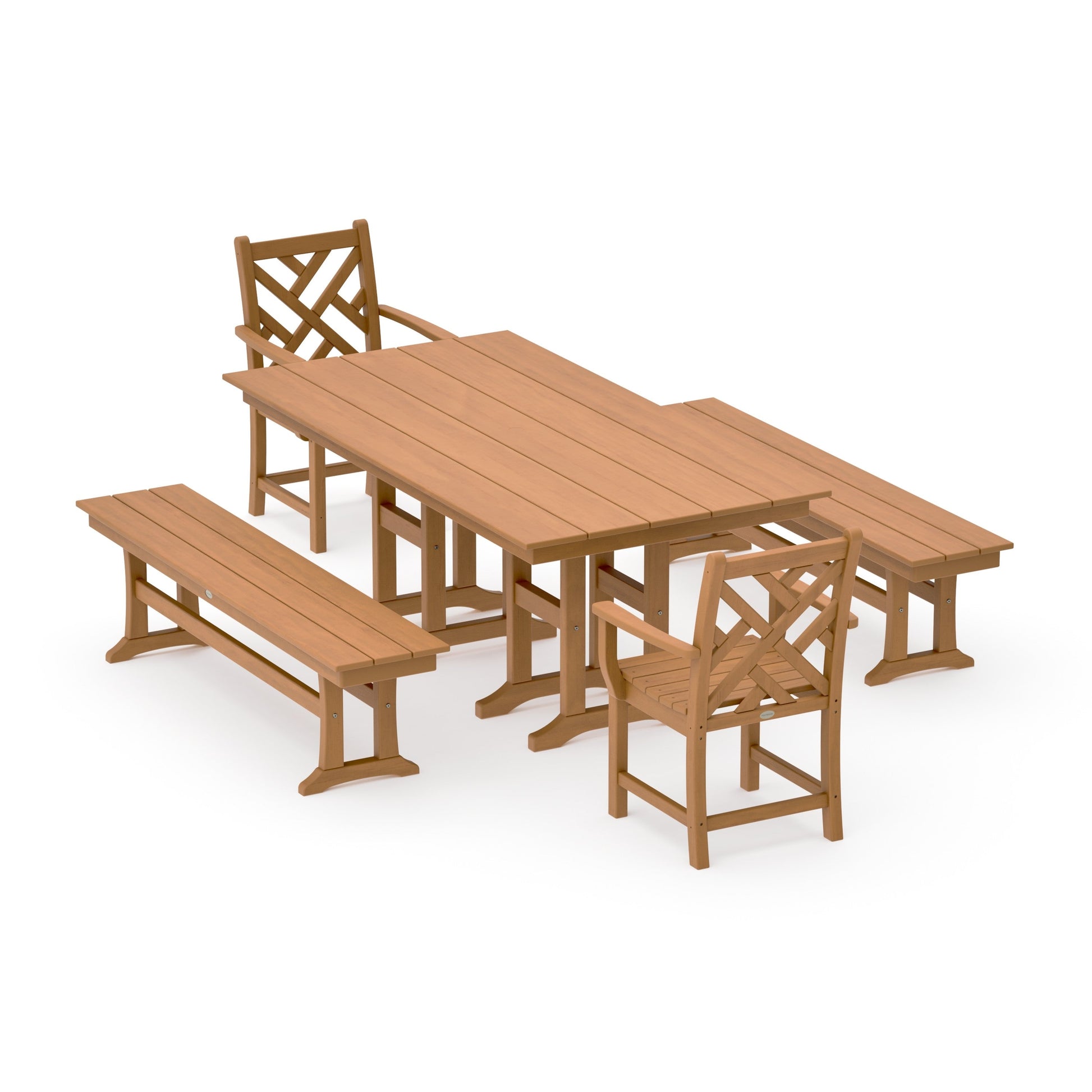 POLYWOOD Chippendale 5-Piece Farmhouse Dining Set with Benches — Natural