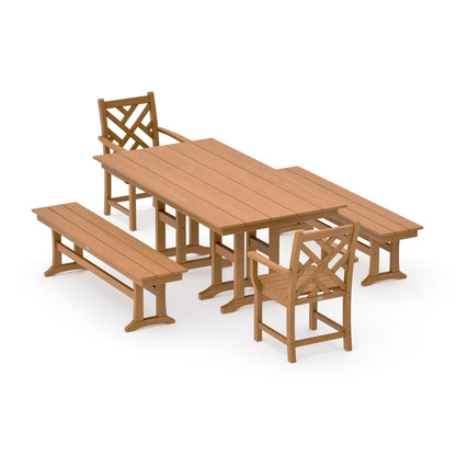 POLYWOOD Chippendale 5-Piece Farmhouse Dining Set with Benches — Natural