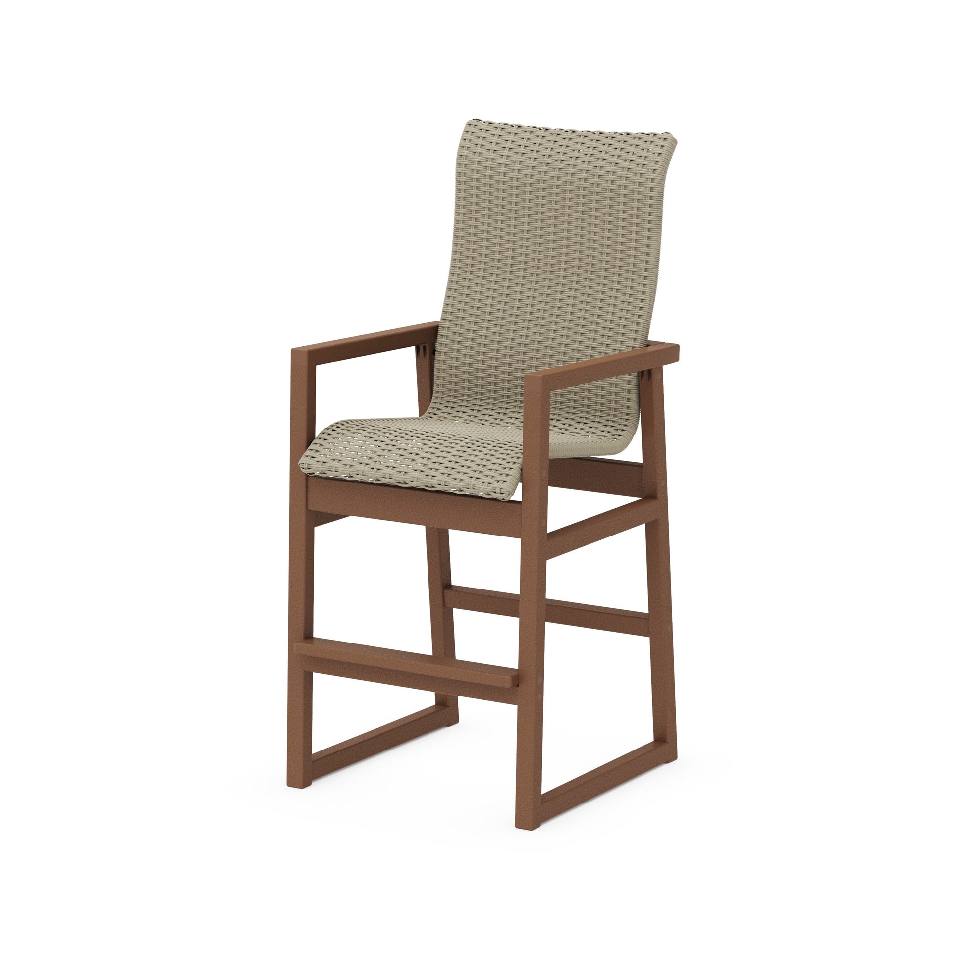 POLYWOOD EDGE Woven High-Back Bar Arm Chair — Teak / Dune Grass
