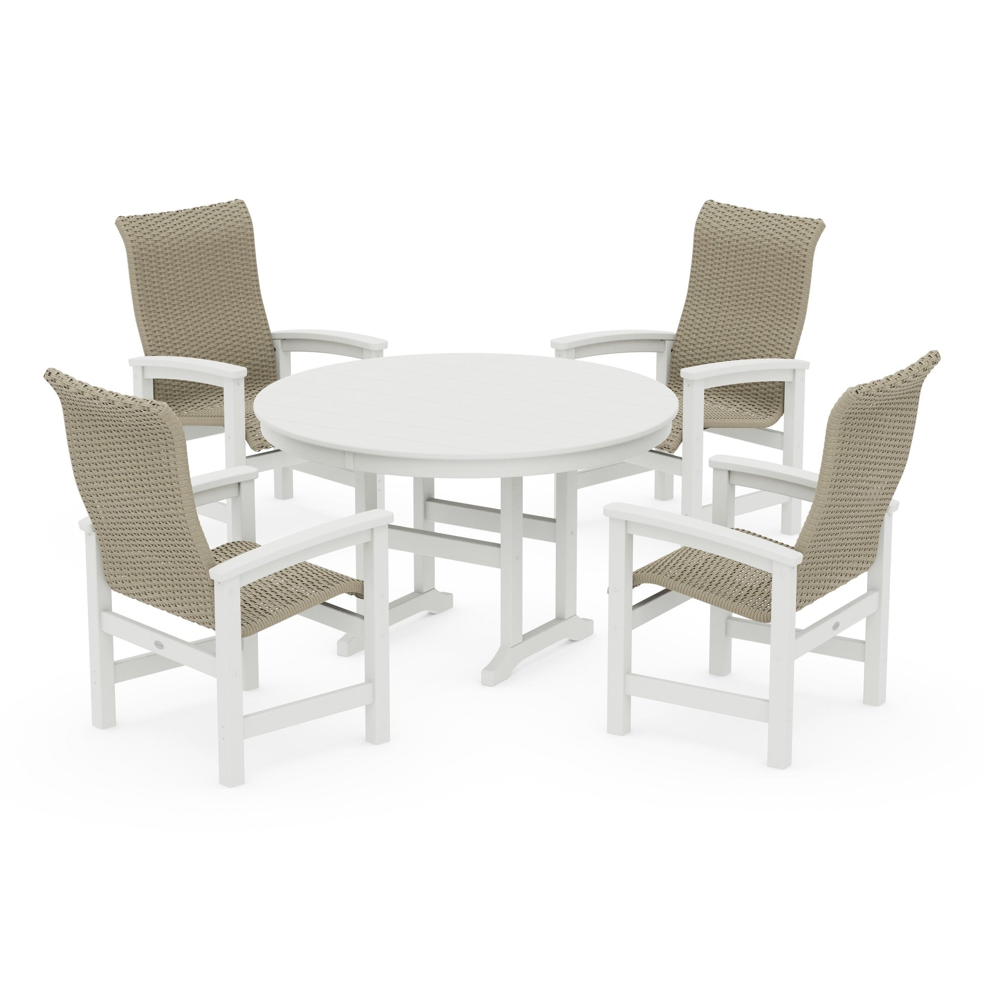 POLYWOOD Coastal Woven High-Back 5-Piece Round Farmhouse Dining Set — Vintage White / Dune Grass