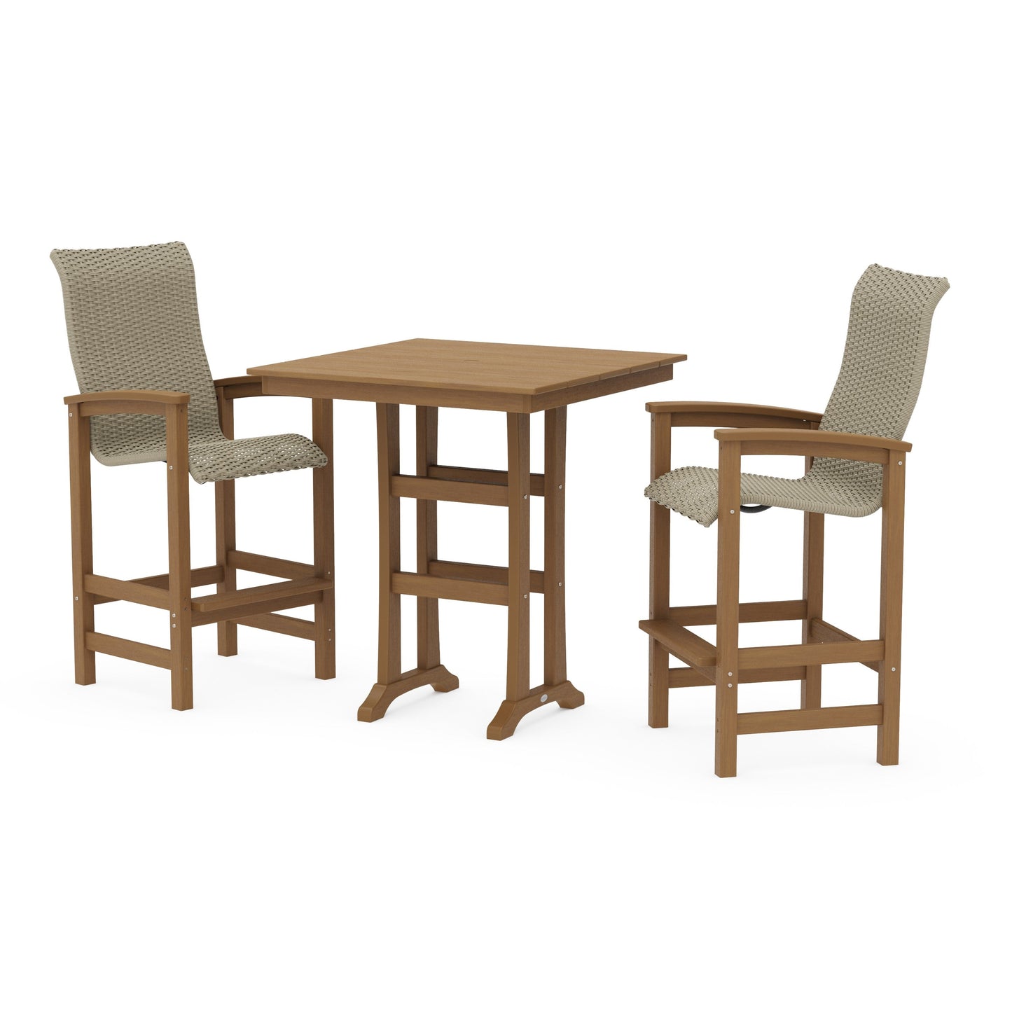 POLYWOOD Coastal Woven High-Back 3-Piece Farmhouse Bar Set with Trestle Legs — Natural / Dune Grass