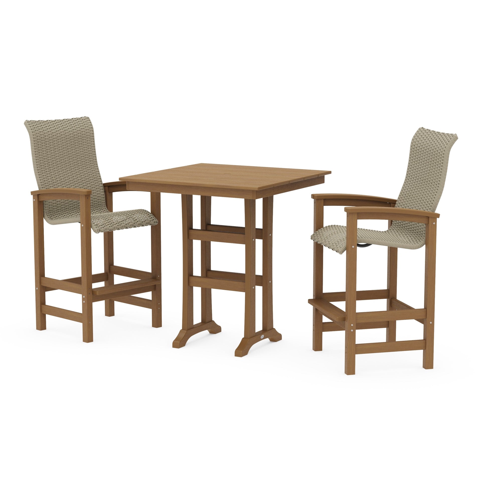 POLYWOOD Coastal Woven High-Back 3-Piece Farmhouse Bar Set with Trestle Legs — Natural / Dune Grass