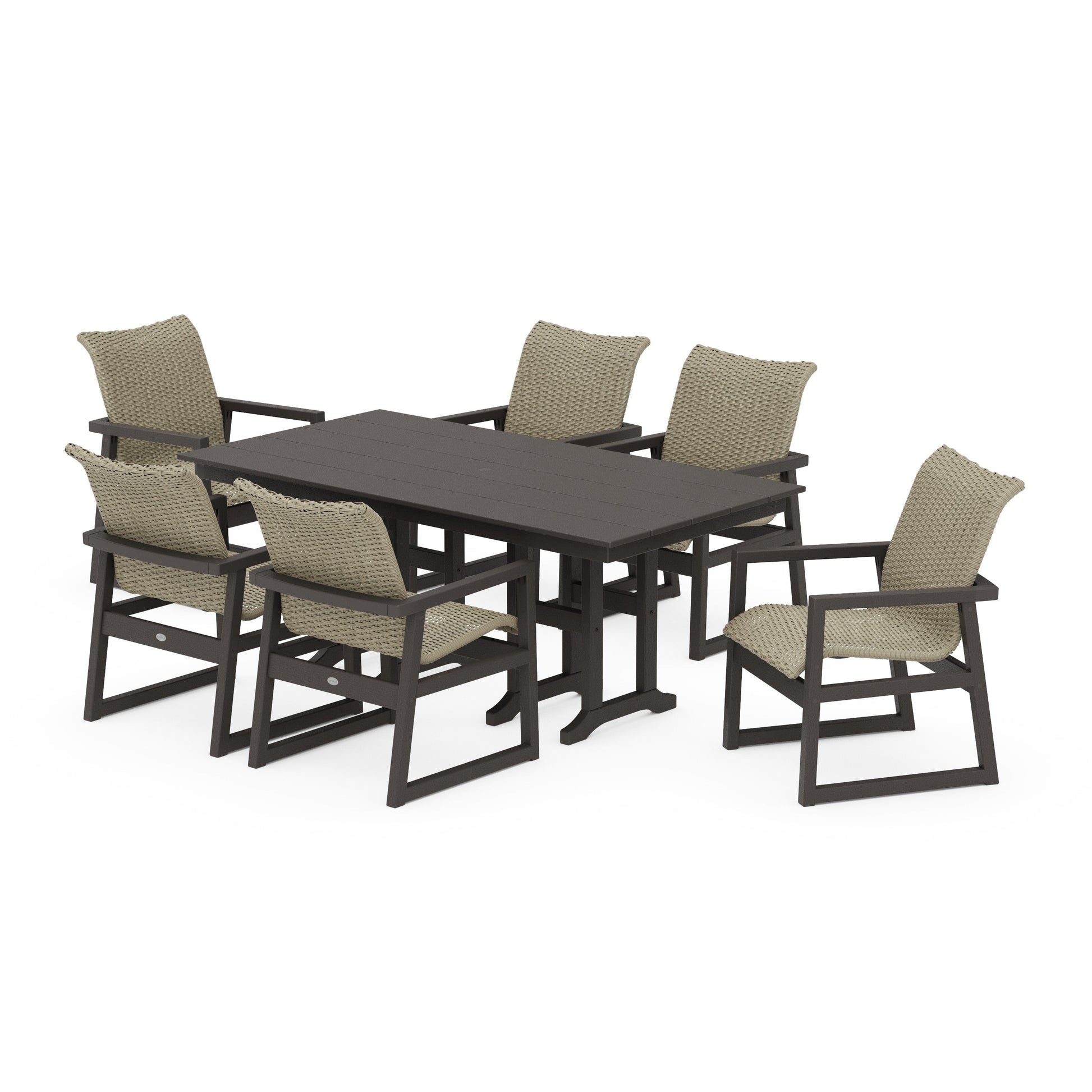 POLYWOOD EDGE Woven Arm Chair 7-Piece Farmhouse Dining Set — Vintage Coffee / Dune Grass