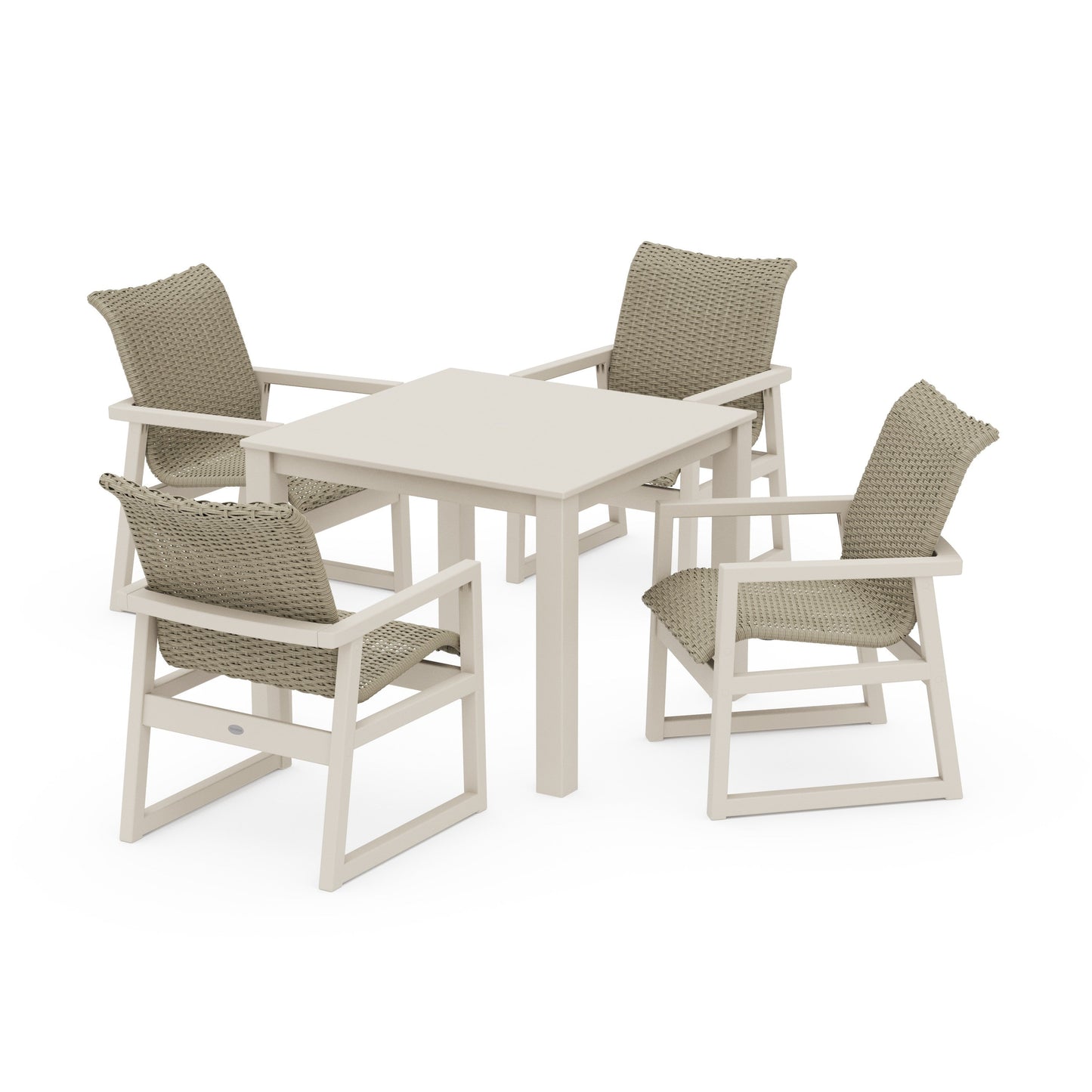 POLYWOOD EDGE Woven 5-Piece Parsons Dining Set — Sand / Dune Grass