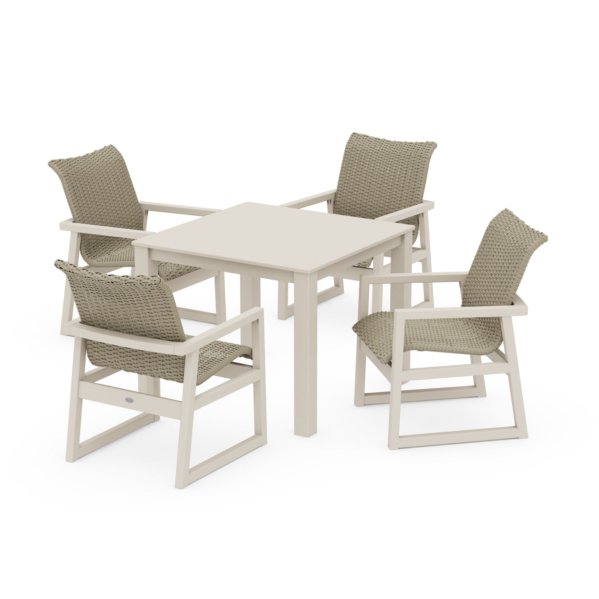 POLYWOOD EDGE Woven 5-Piece Parsons Dining Set — Sand / Dune Grass