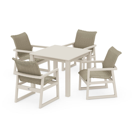 POLYWOOD EDGE Woven 5-Piece Parsons Dining Set — Sand / Dune Grass
