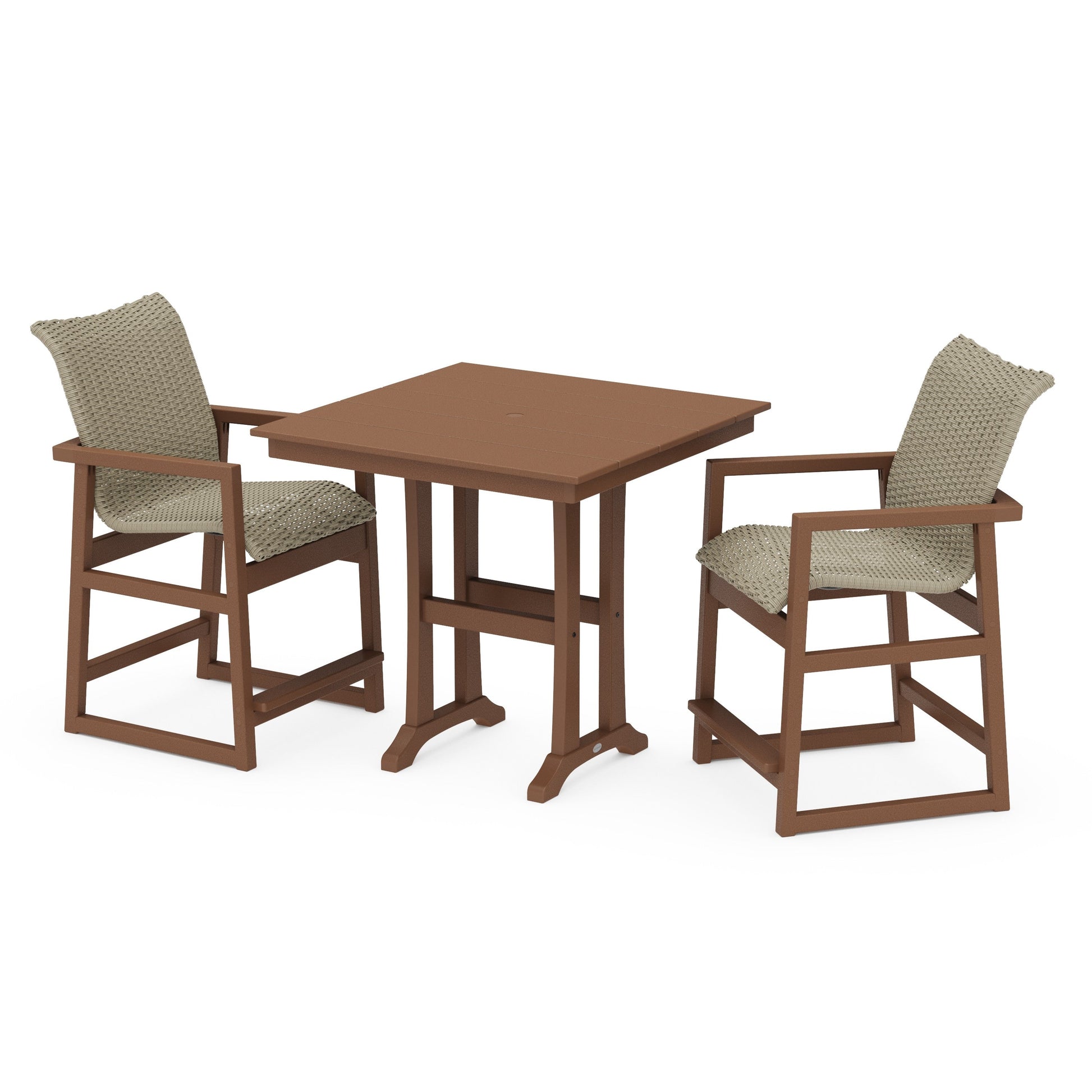 POLYWOOD EDGE Woven 3-Piece Farmhouse Counter Set with Trestle Legs — Teak / Dune Grass