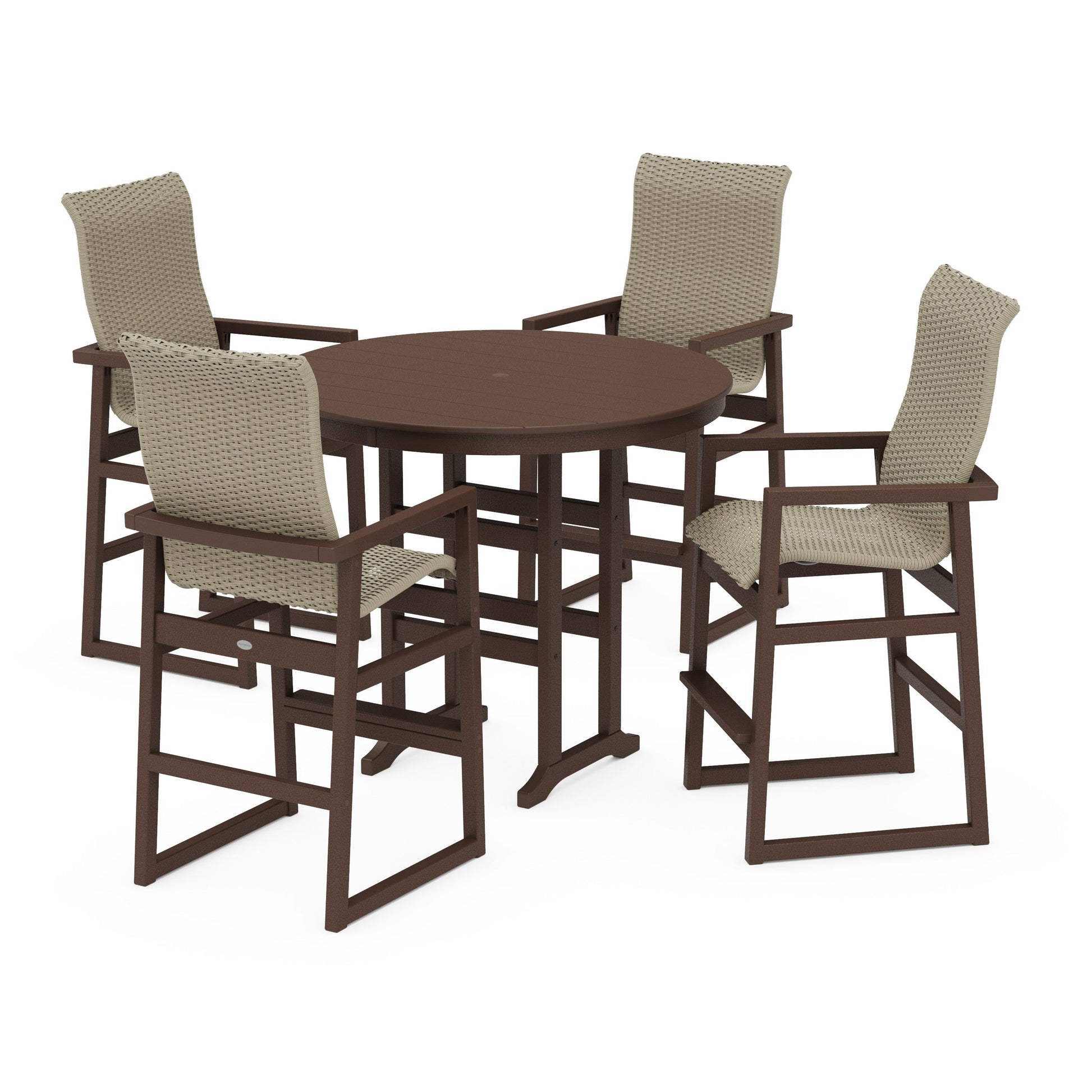 POLYWOOD EDGE Woven Highback 5-Piece Round Farmhouse Bar Set — Mahogany / Dune Grass