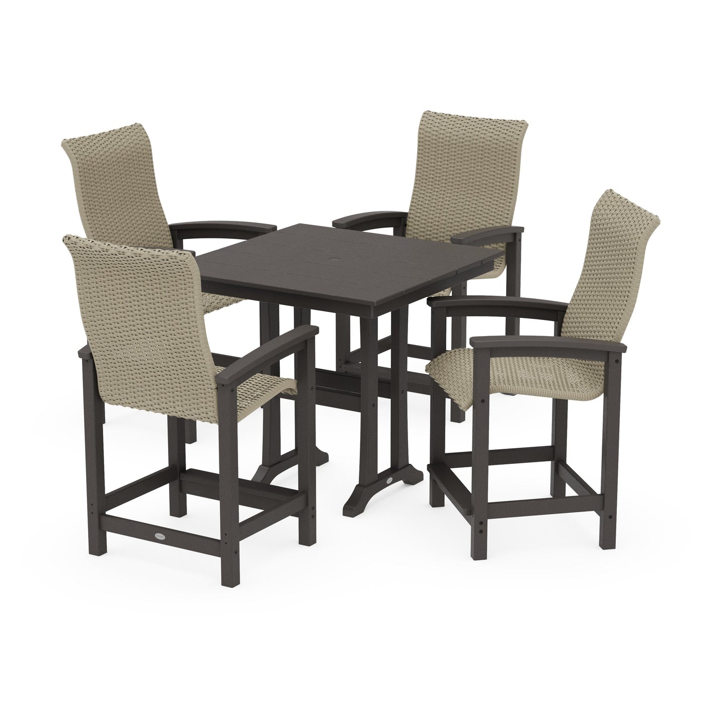 POLYWOOD Coastal Woven High-Back 5-Piece Farmhouse Counter Set with Trestle Legs — Vintage Coffee / Dune Grass