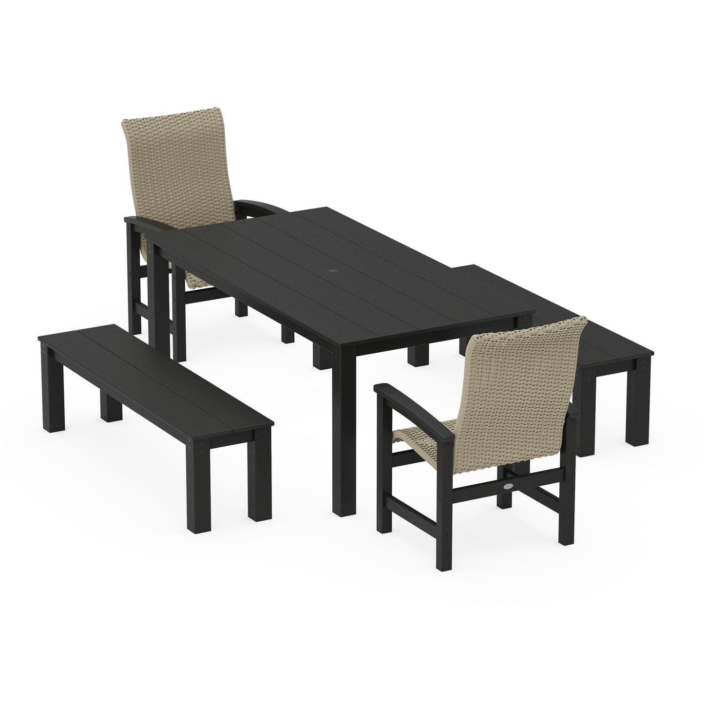 POLYWOOD Coastal Woven High-Back 5-Piece Parsons Dining Set with Benches — Black / Dune Grass