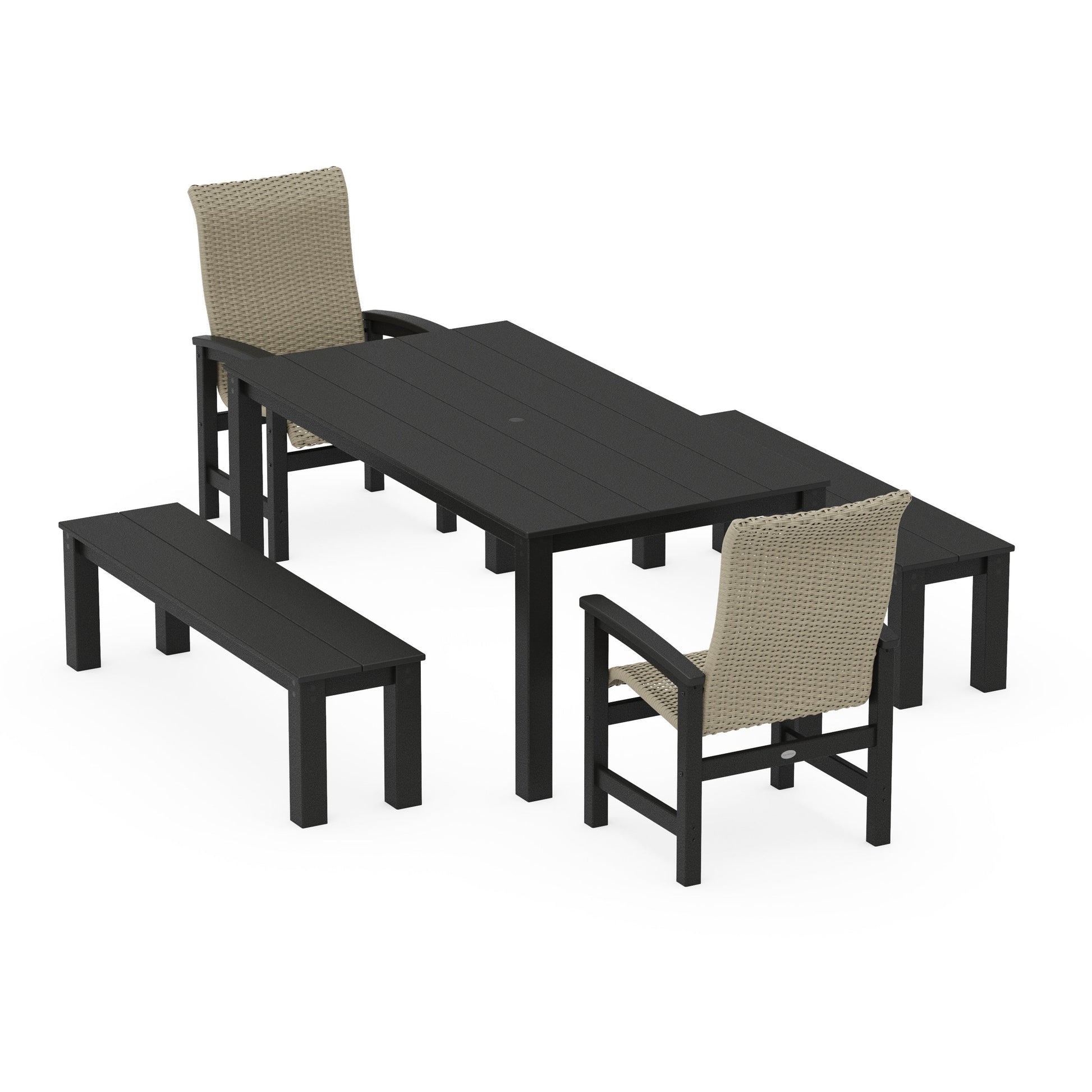 POLYWOOD Coastal Woven High-Back 5-Piece Parsons Dining Set with Benches — Black / Dune Grass