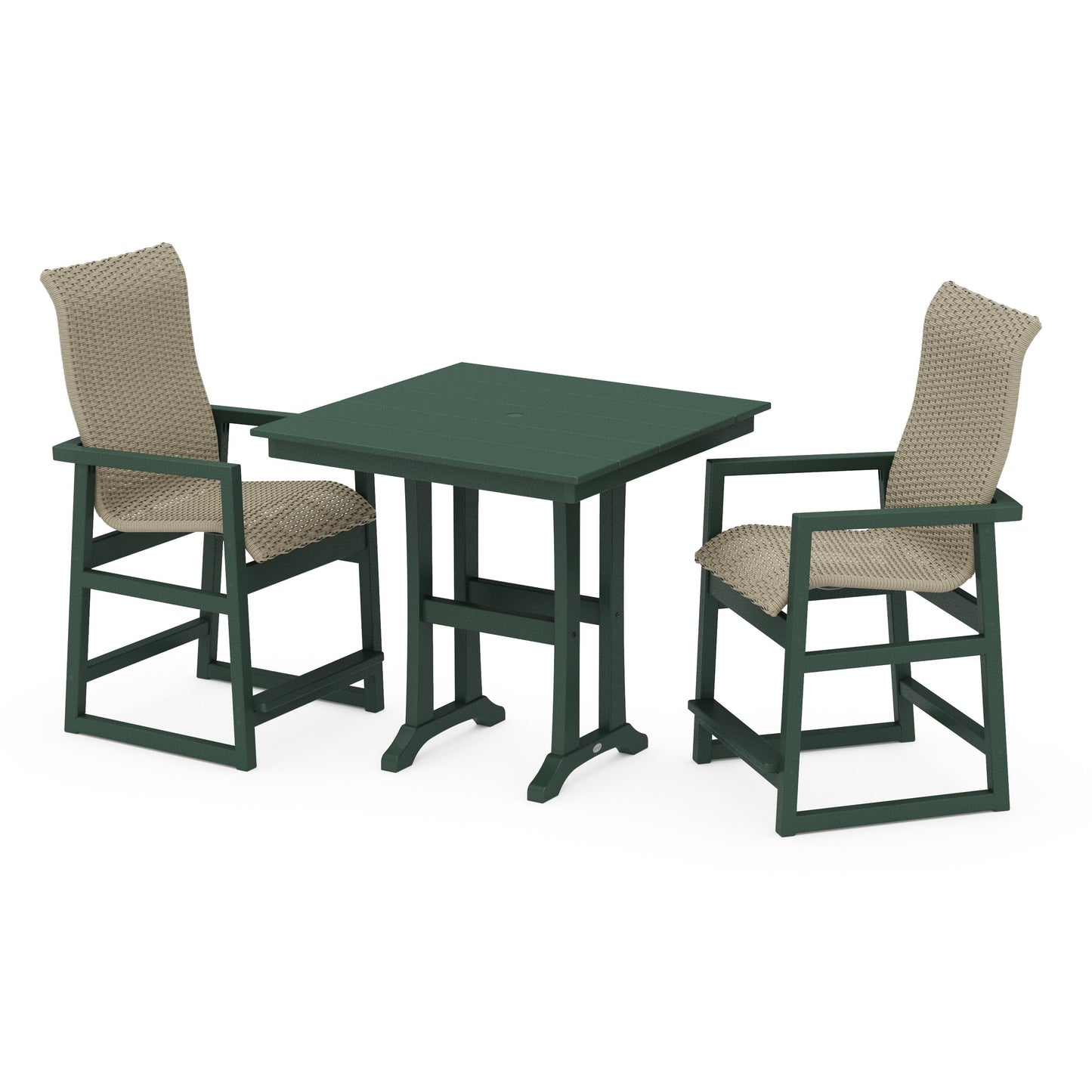 POLYWOOD EDGE Woven Highback 3-Piece Farmhouse Counter Set with Trestle Legs — Green / Dune Grass