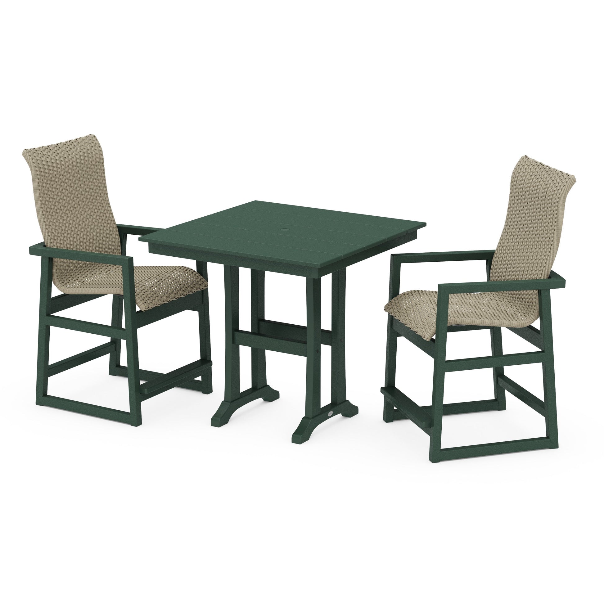 POLYWOOD EDGE Woven Highback 3-Piece Farmhouse Counter Set with Trestle Legs — Green / Dune Grass