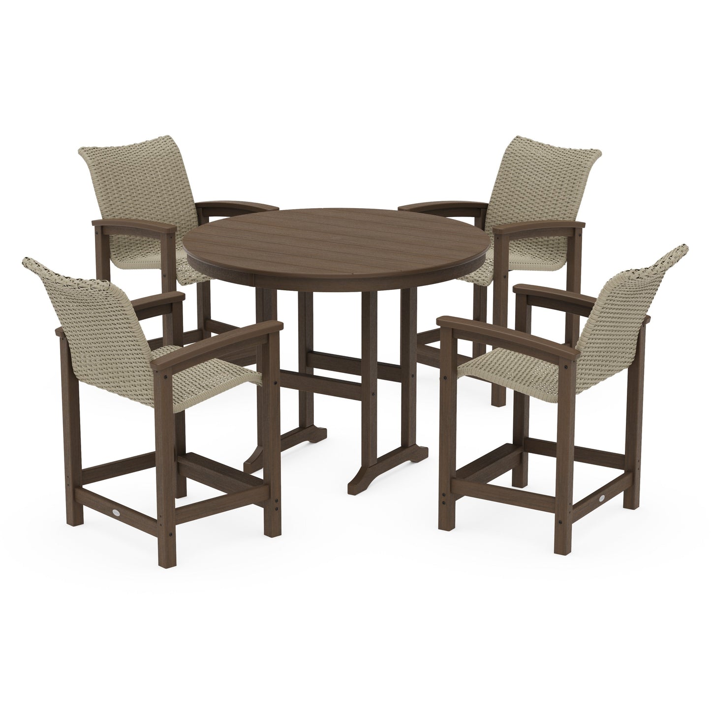 POLYWOOD Coastal Woven 5-Piece Round Farmhouse Counter Set — Kona / Dune Grass