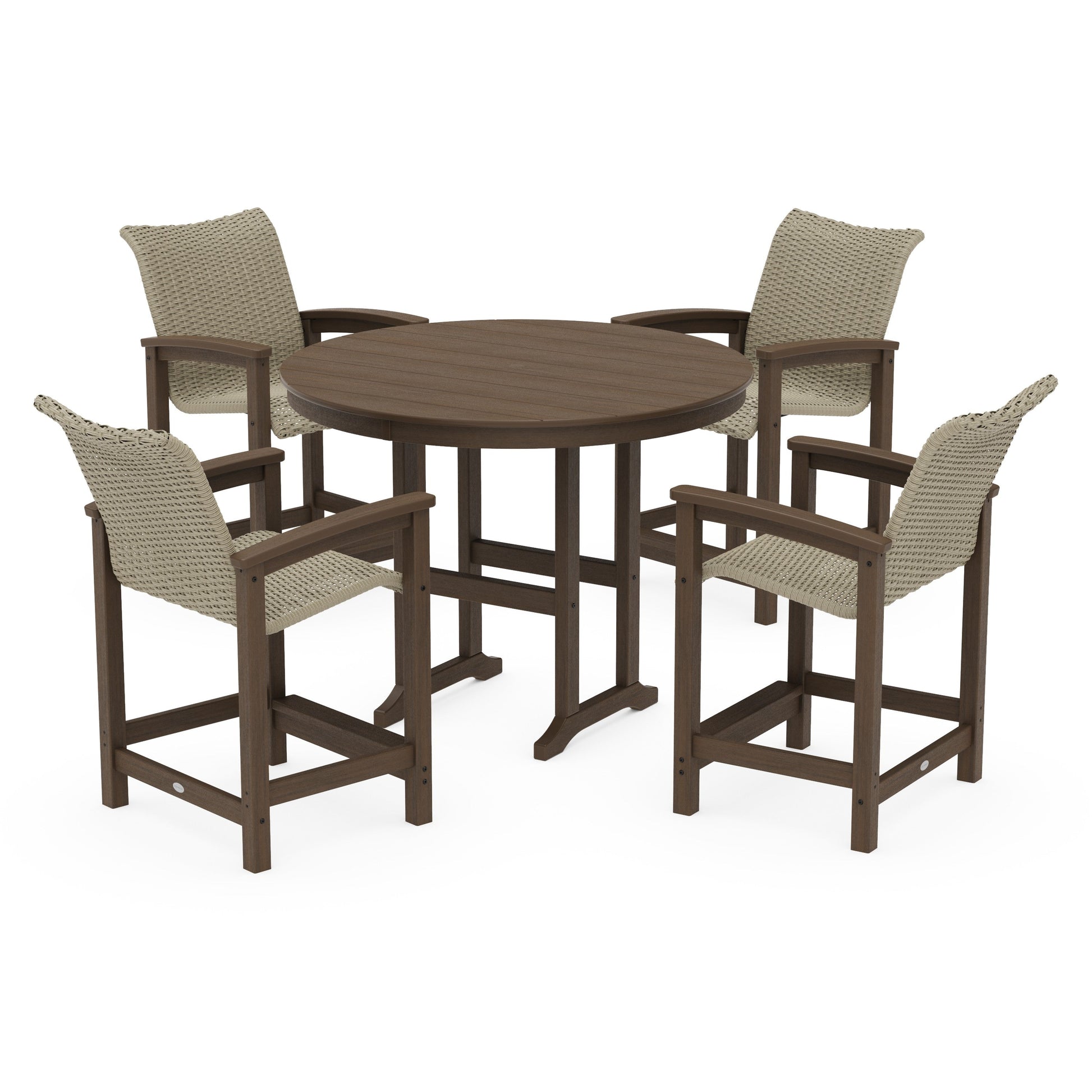 POLYWOOD Coastal Woven 5-Piece Round Farmhouse Counter Set — Kona / Dune Grass