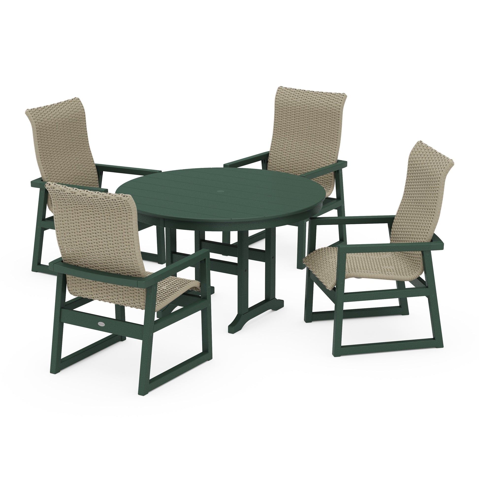POLYWOOD EDGE Woven Highback 5-Piece Round Farmhouse Dining Set — Green / Dune Grass