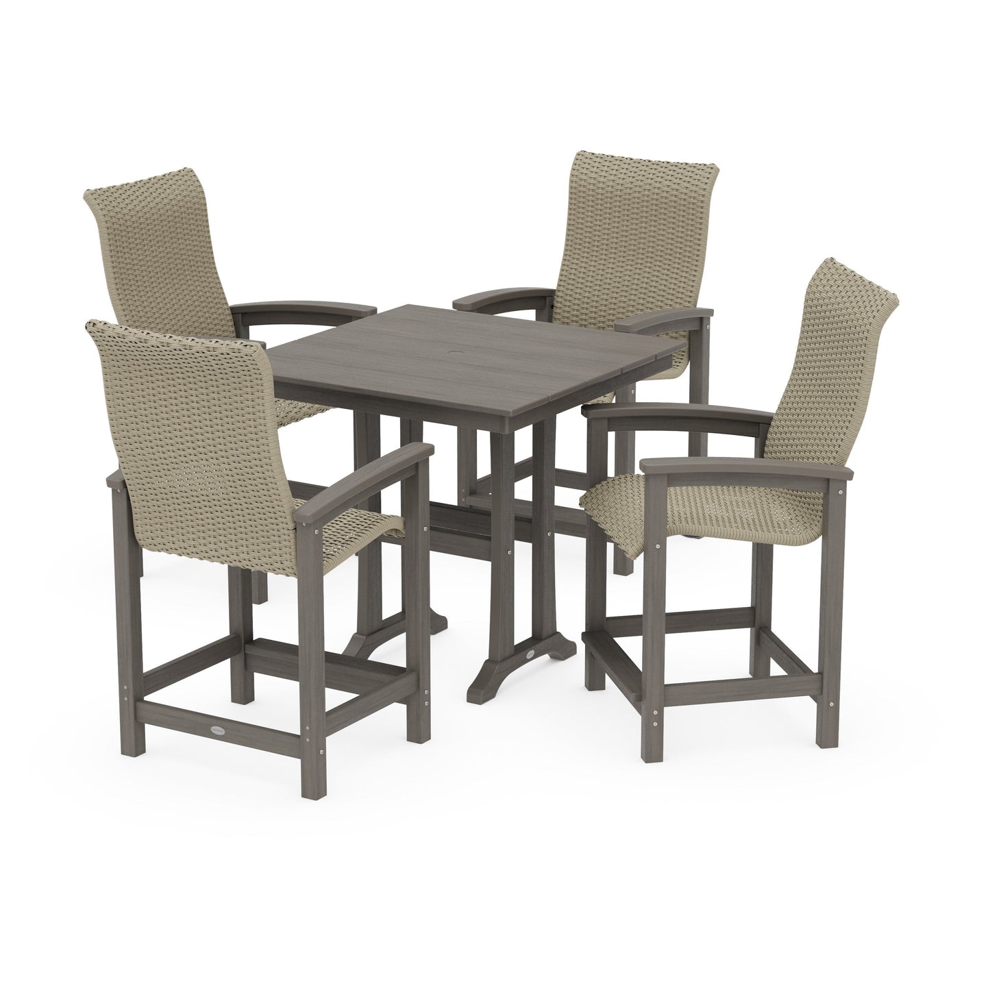 POLYWOOD Coastal Woven High-Back 5-Piece Farmhouse Counter Set with Trestle Legs — Driftwood / Dune Grass