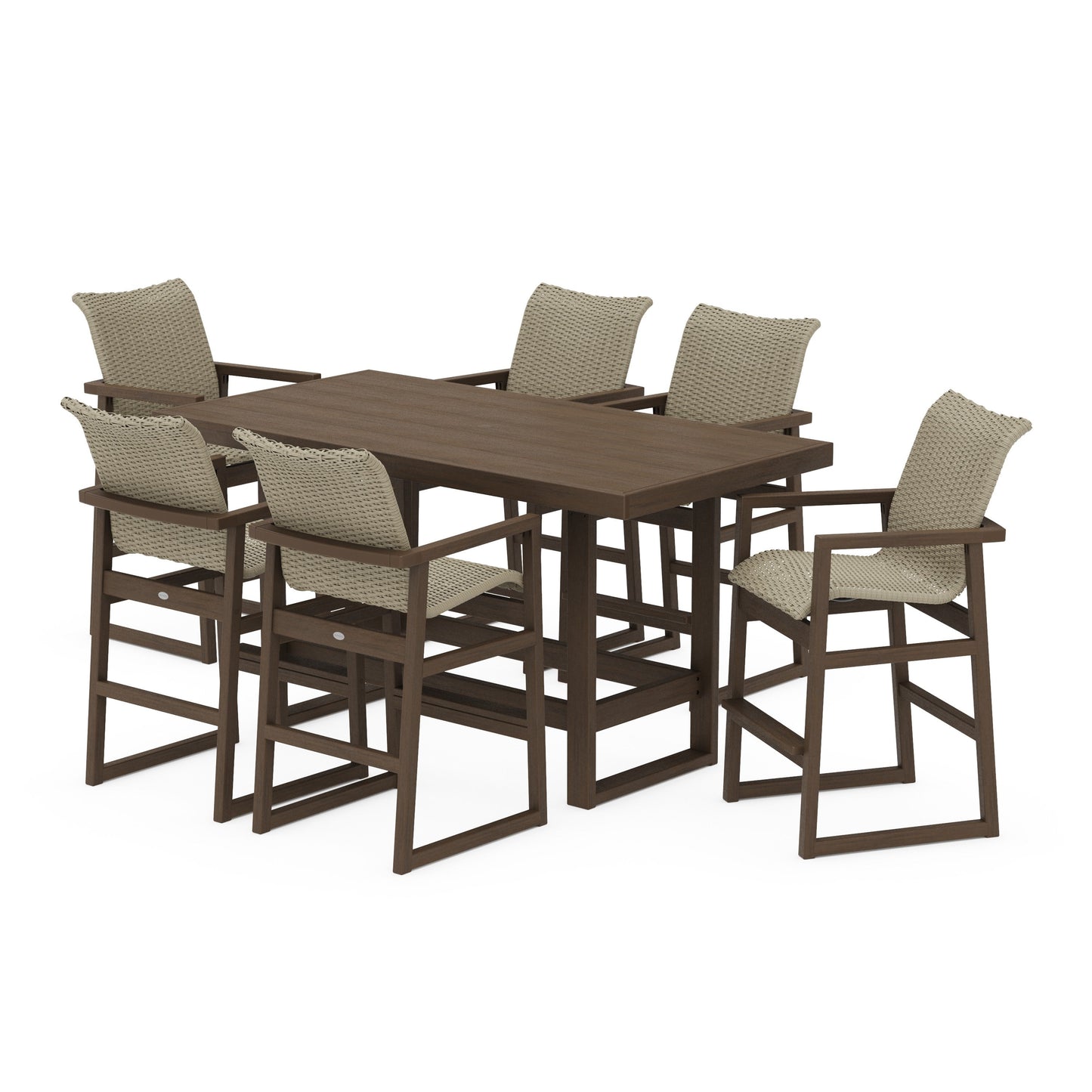 POLYWOOD EDGE Woven Arm Chair 7-Piece Bar Set — Kona / Dune Grass