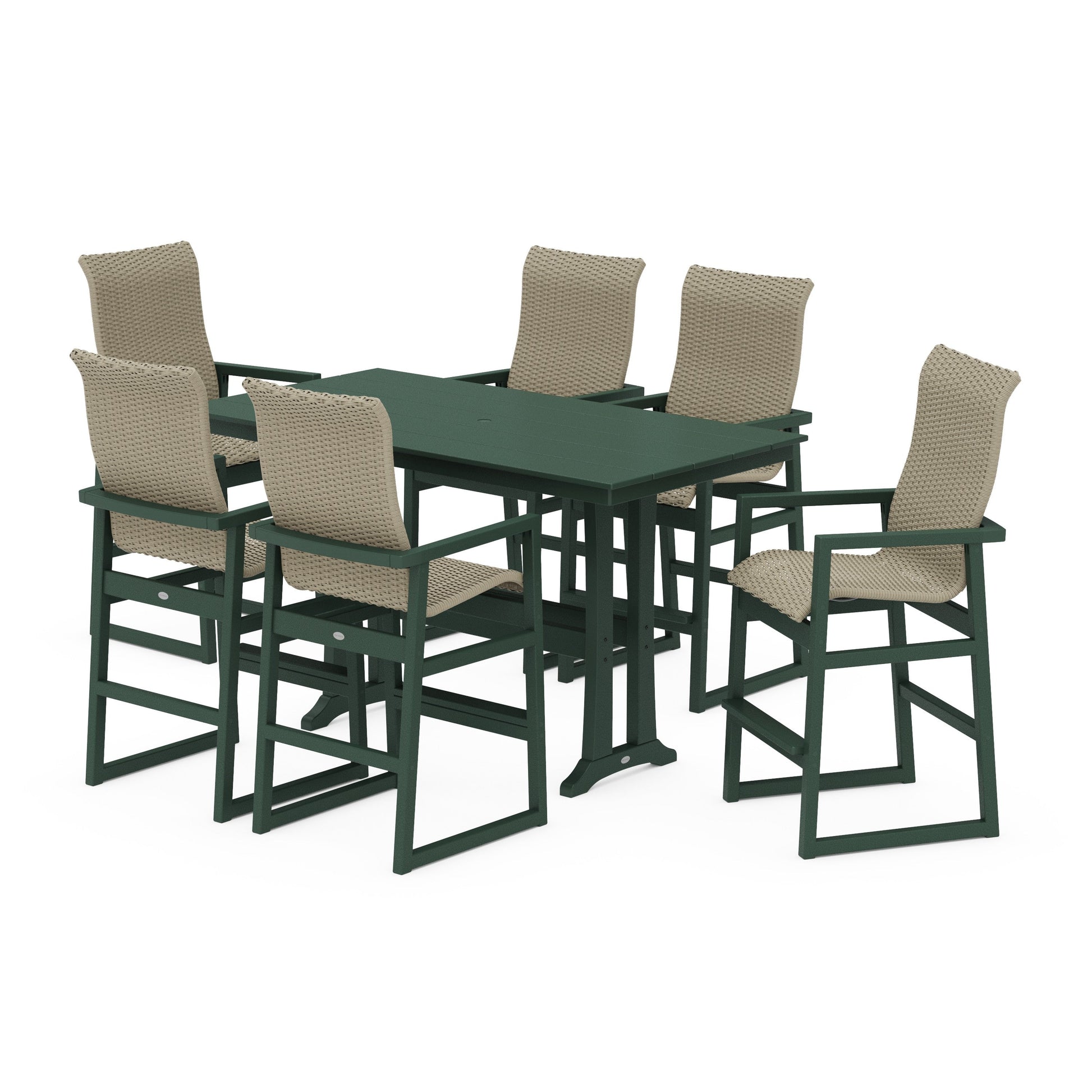 POLYWOOD EDGE Woven Highback Arm Chair 7-Piece Farmhouse Bar Set with Trestle Legs — Green / Dune Grass