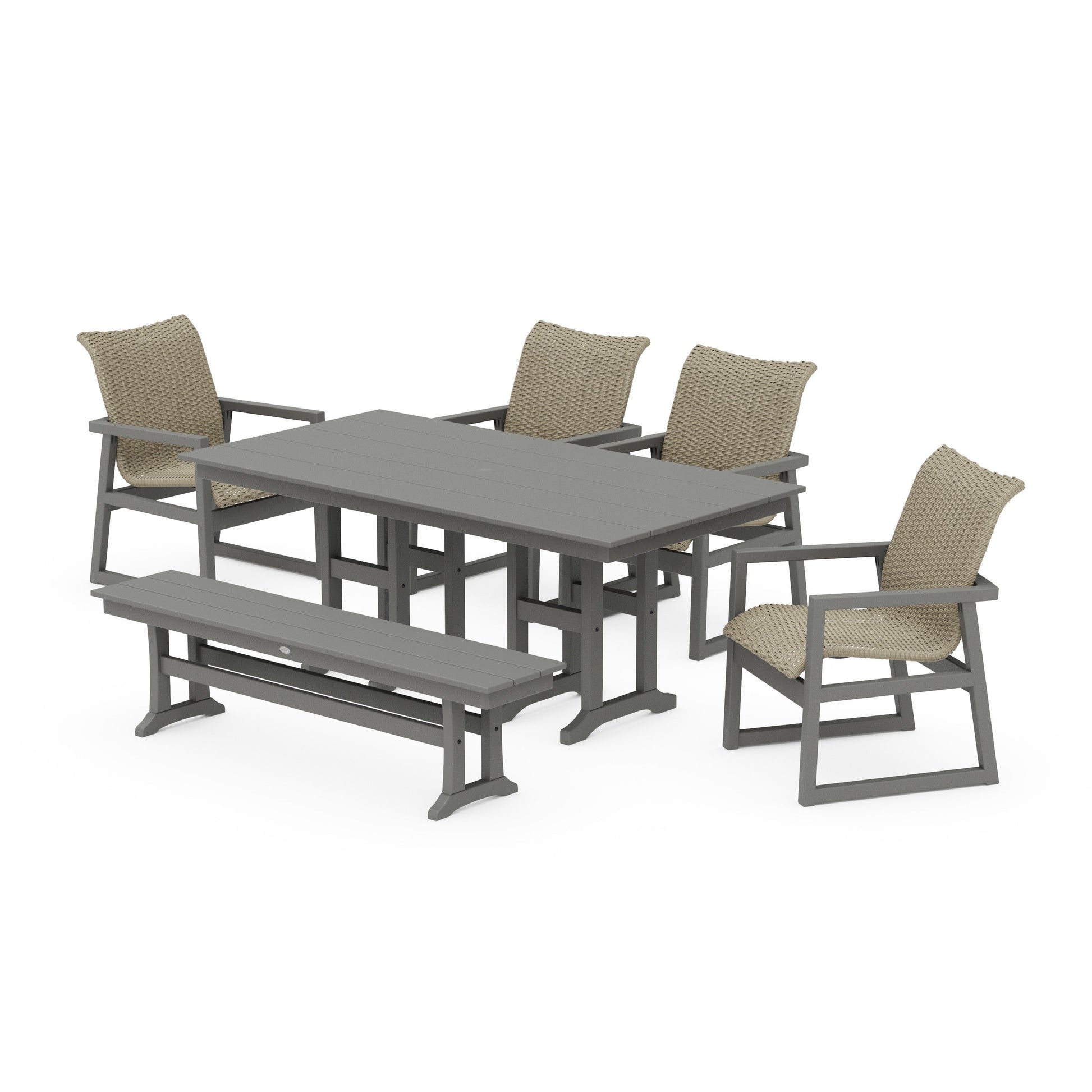POLYWOOD EDGE Woven 6-Piece Farmhouse Dining Set with Bench — Slate Grey / Dune Grass