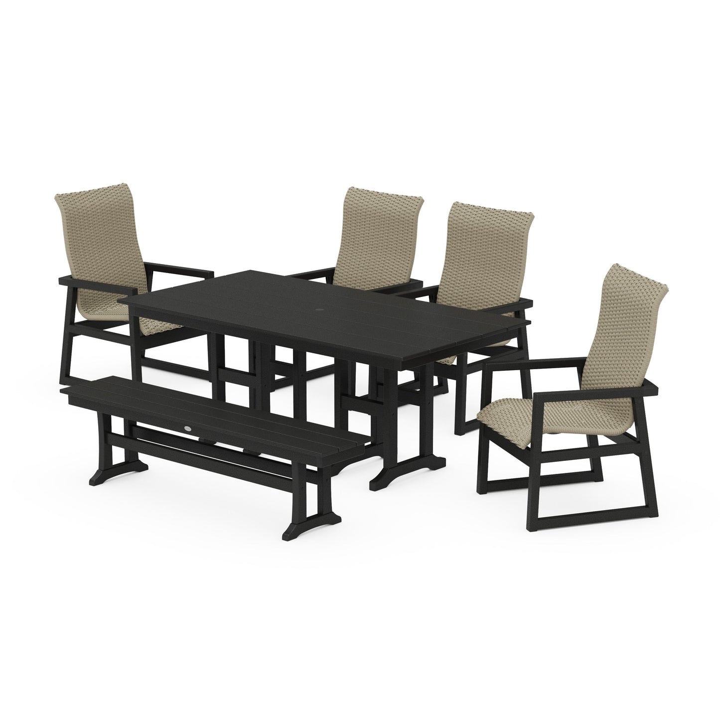 POLYWOOD EDGE Woven Highback 6-Piece Farmhouse Dining Set with Bench — Black / Dune Grass