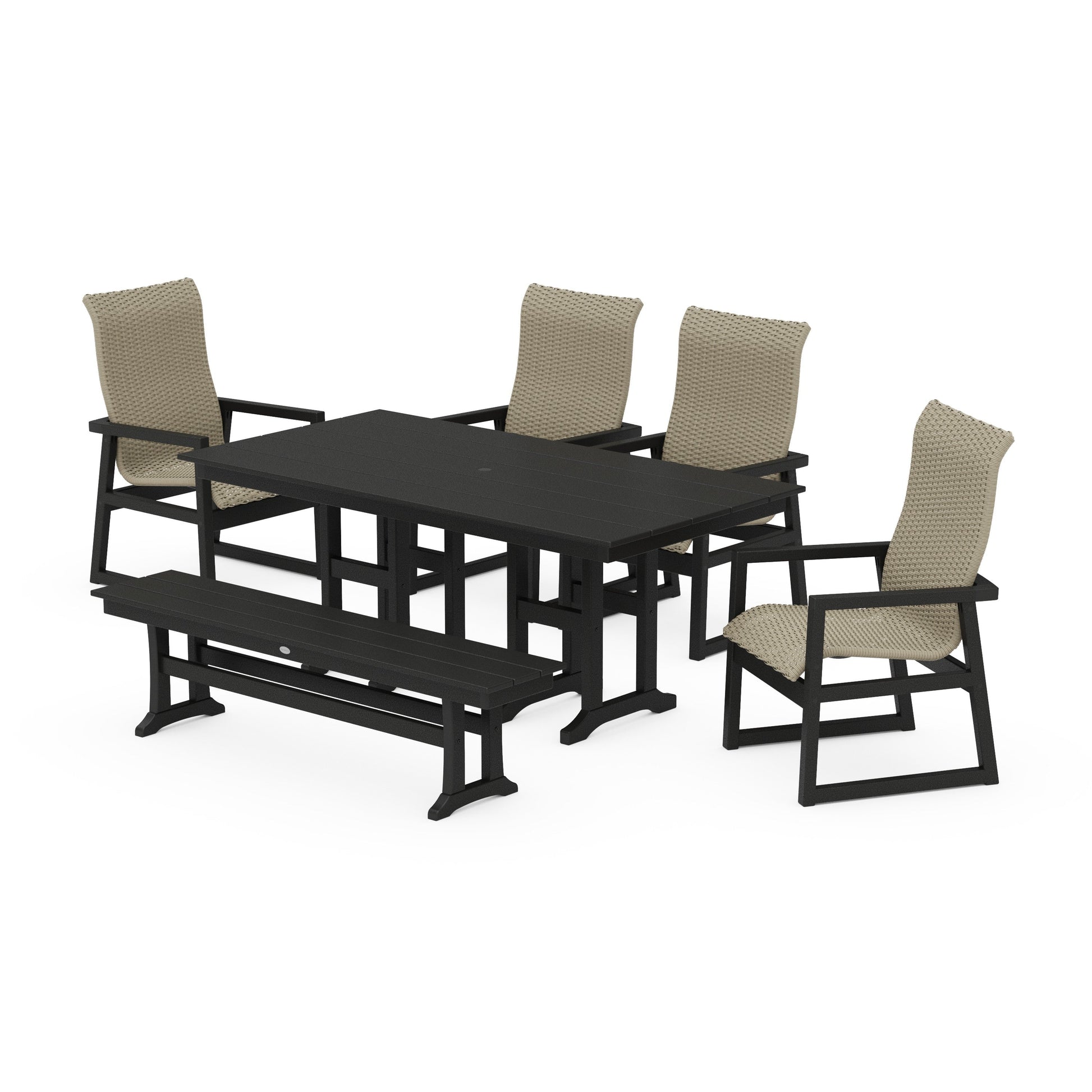 POLYWOOD EDGE Woven Highback 6-Piece Farmhouse Dining Set with Bench — Black / Dune Grass