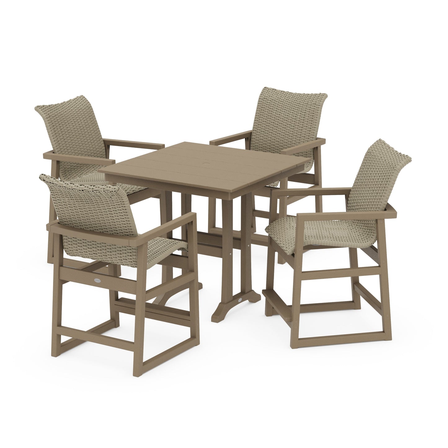 POLYWOOD EDGE Woven 5-Piece Farmhouse Counter Set with Trestle Legs — Vintage Sahara / Dune Grass