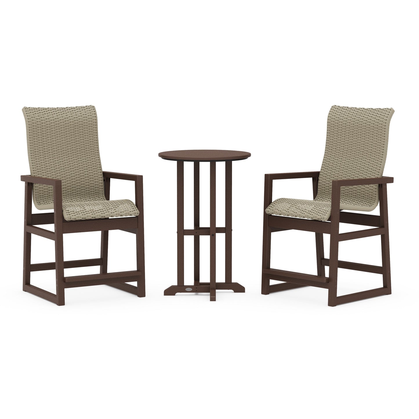 POLYWOOD EDGE Woven Highback 3-Piece Farmhouse Counter Set — Mahogany / Dune Grass