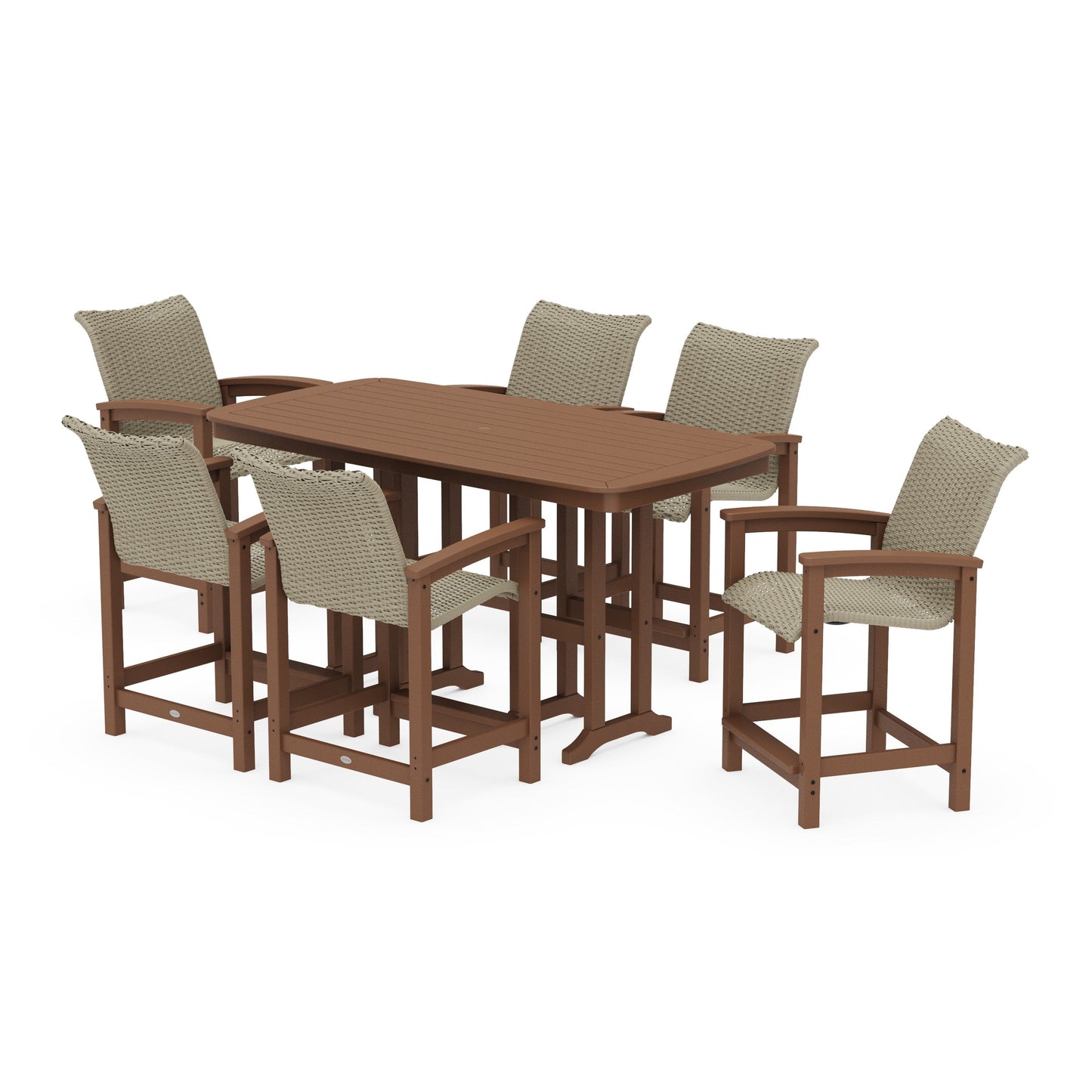 POLYWOOD Coastal Woven Arm Chair 7-Piece Counter Set — Teak / Dune Grass