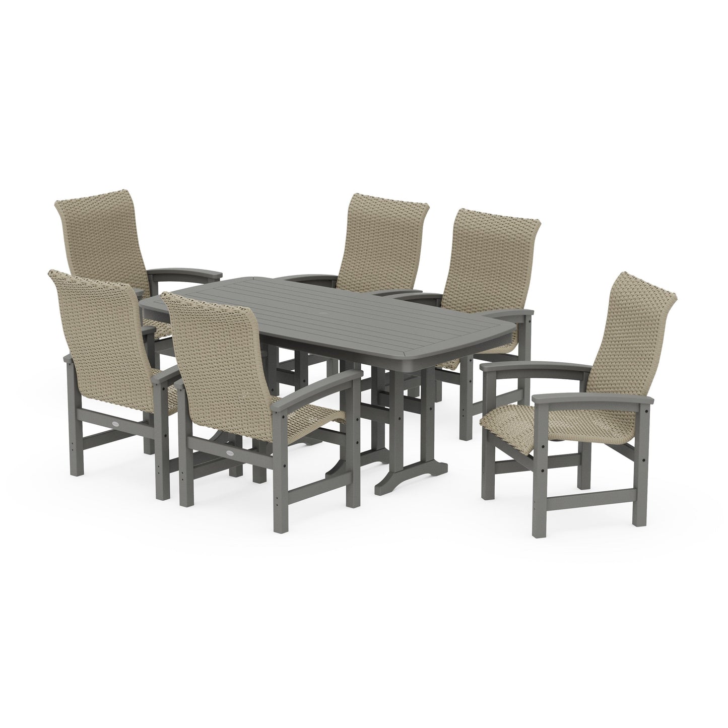POLYWOOD Coastal Woven High-Back Arm Chair 7-Piece Dining Set — Slate Grey / Dune Grass