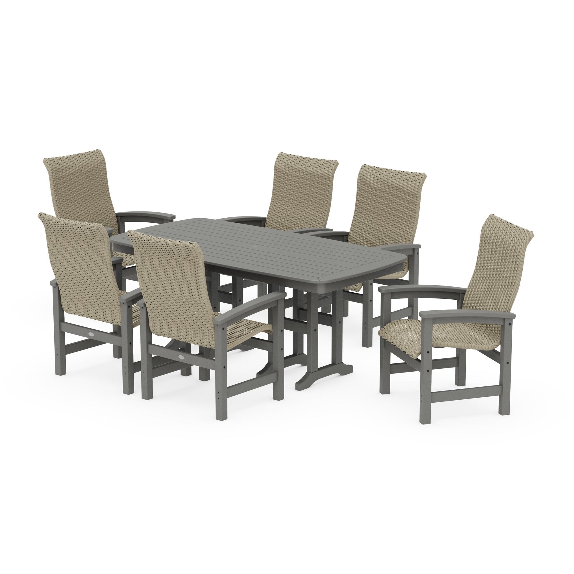 POLYWOOD Coastal Woven High-Back Arm Chair 7-Piece Dining Set — Slate Grey / Dune Grass