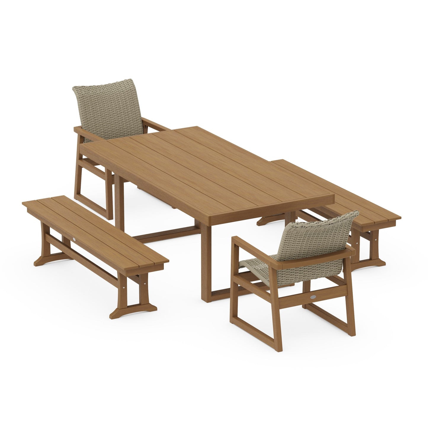 POLYWOOD EDGE Woven 5-Piece Dining Set with Benches — Natural / Dune Grass