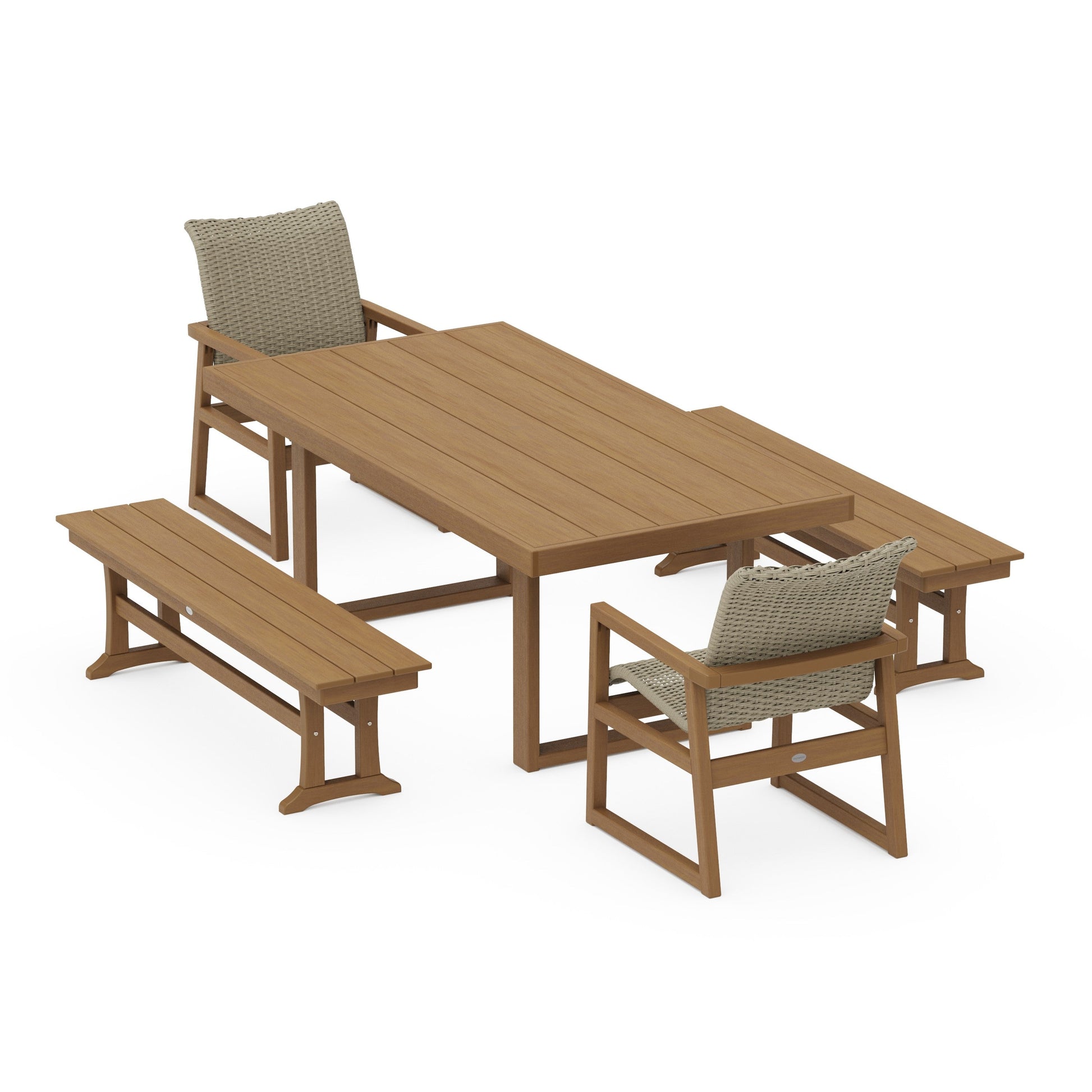 POLYWOOD EDGE Woven 5-Piece Dining Set with Benches — Natural / Dune Grass