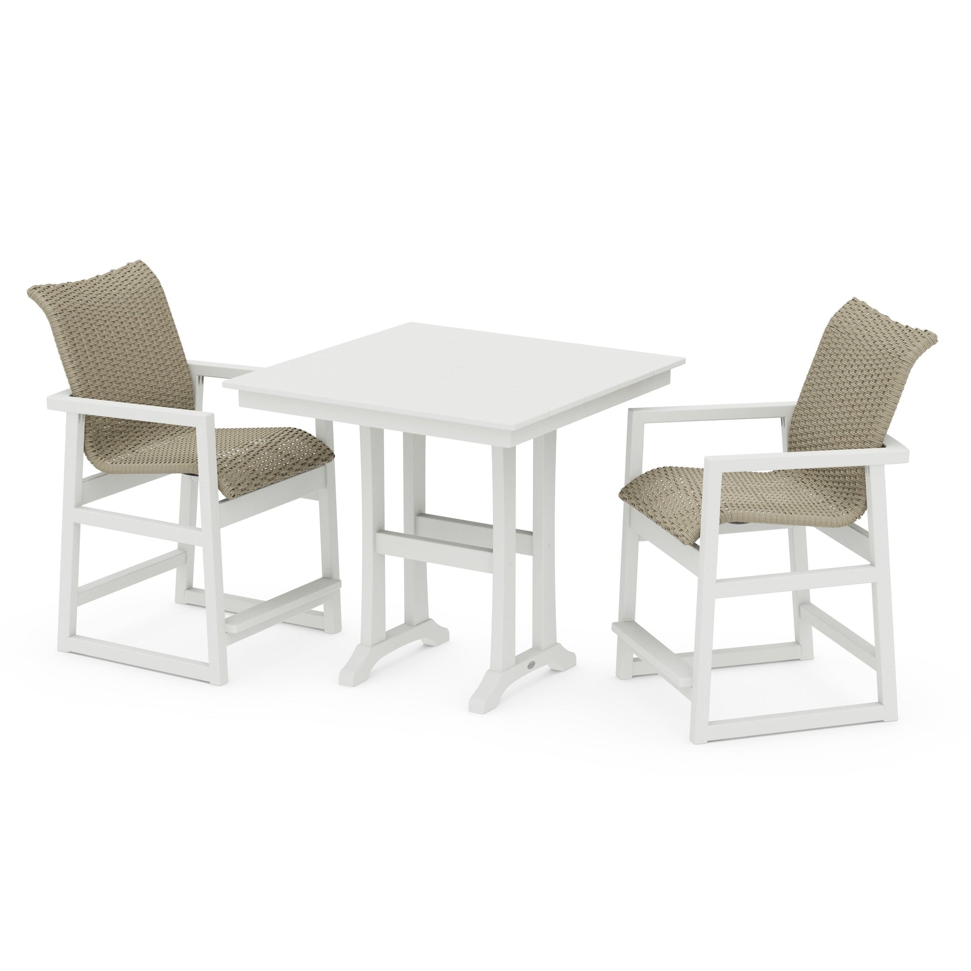 POLYWOOD EDGE Woven 3-Piece Farmhouse Counter Set with Trestle Legs — White / Dune Grass