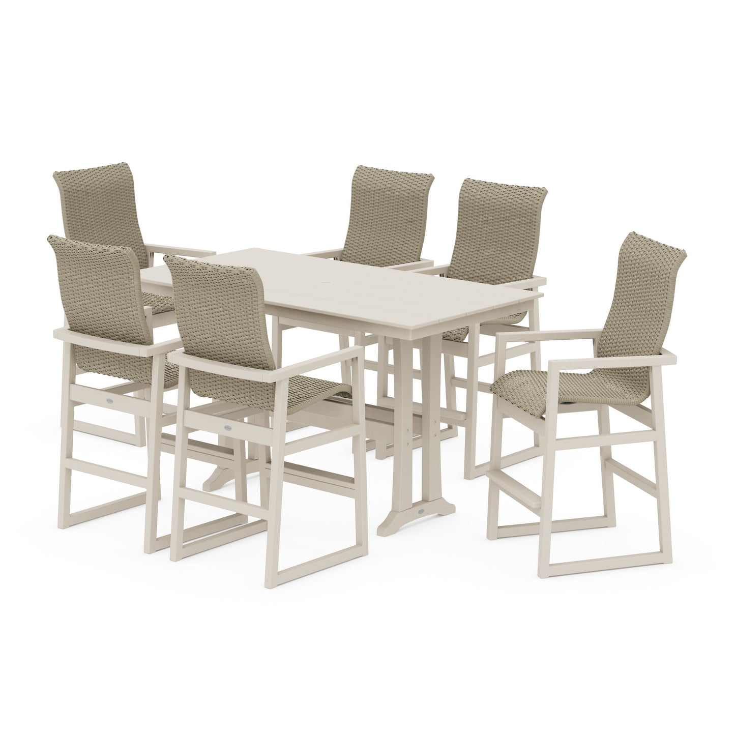 POLYWOOD EDGE Woven Highback Arm Chair 7-Piece Farmhouse Bar Set with Trestle Legs — Sand / Dune Grass