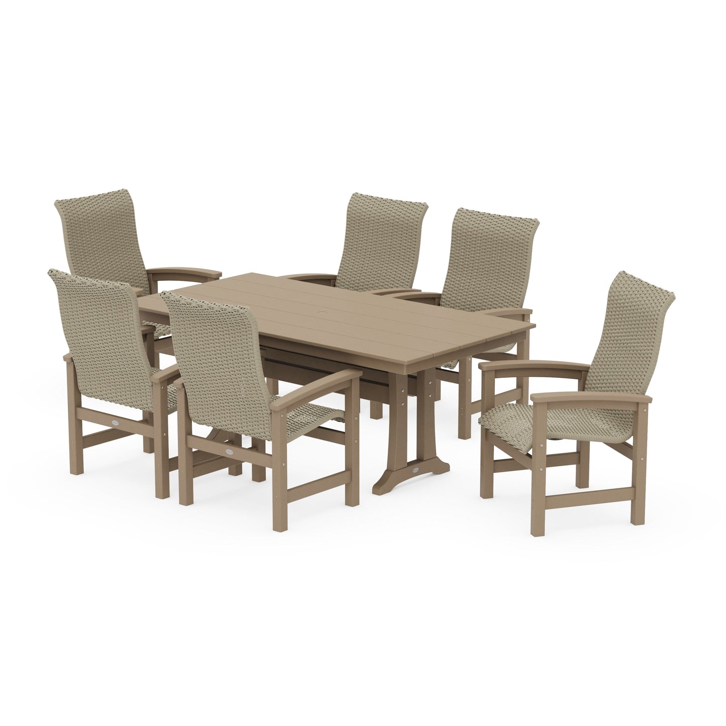 POLYWOOD Coastal Woven High-Back Arm Chair 7-Piece Farmhouse Dining Set with Trestle Legs — Vintage Sahara / Dune Grass