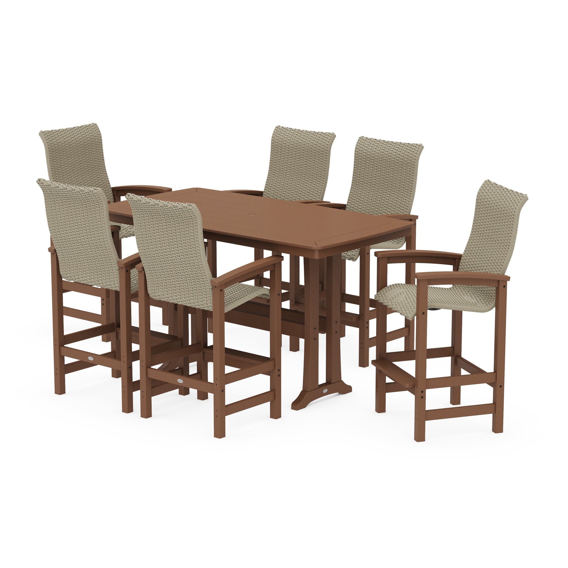 POLYWOOD Coastal Woven High-Back Arm Chair 7-Piece Bar Set with Trestle Legs — Teak / Dune Grass