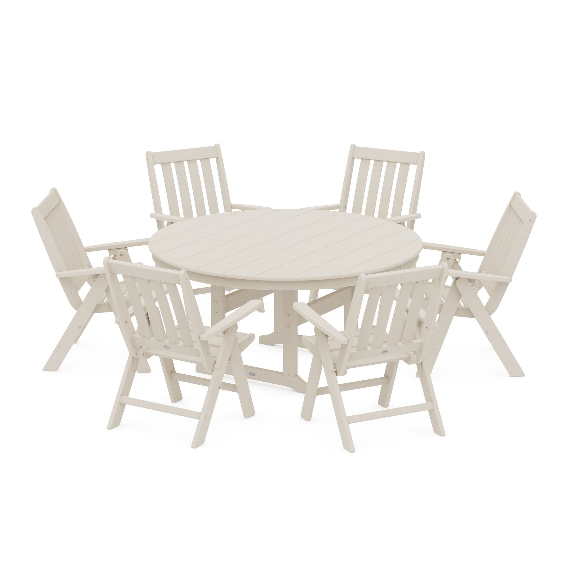 POLYWOOD Vineyard 7-Piece Folding Chair Round Farmhouse Dining Set — Sand