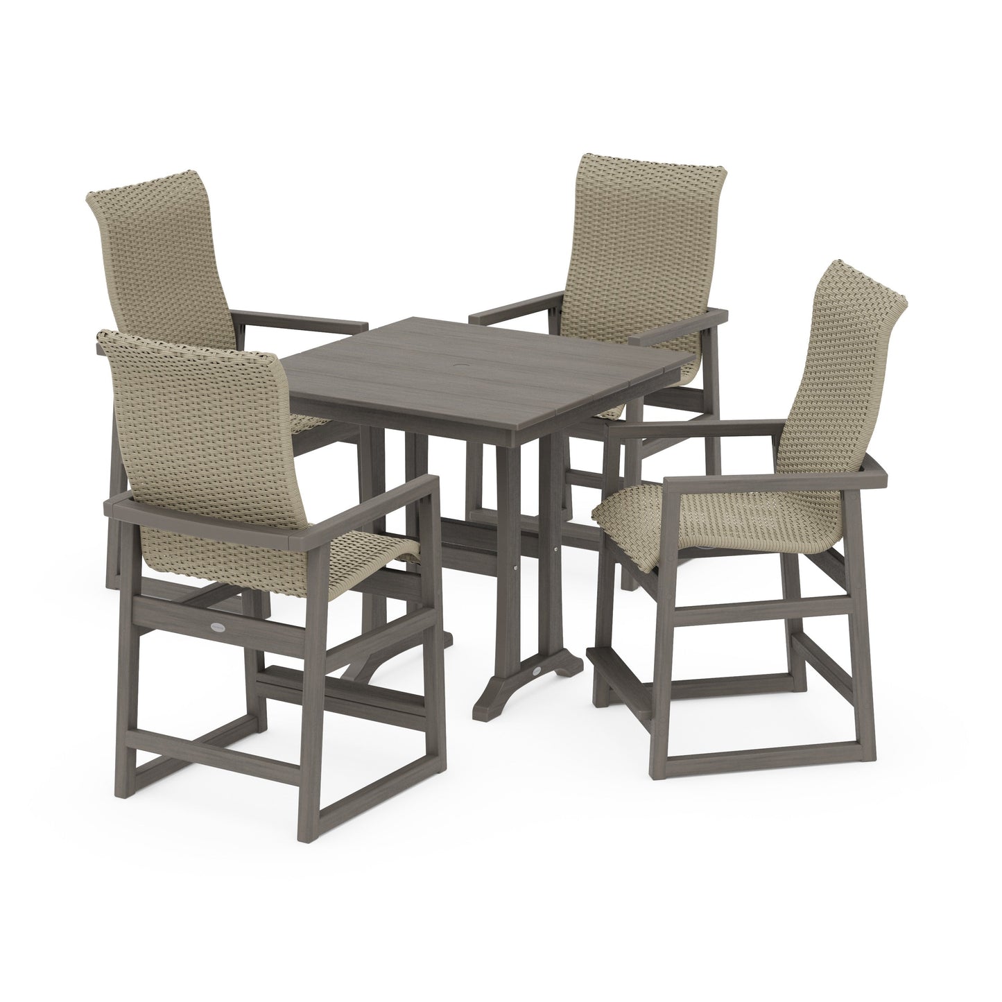 POLYWOOD EDGE Woven Highback 5-Piece Farmhouse Counter Set with Trestle Legs — Driftwood / Dune Grass