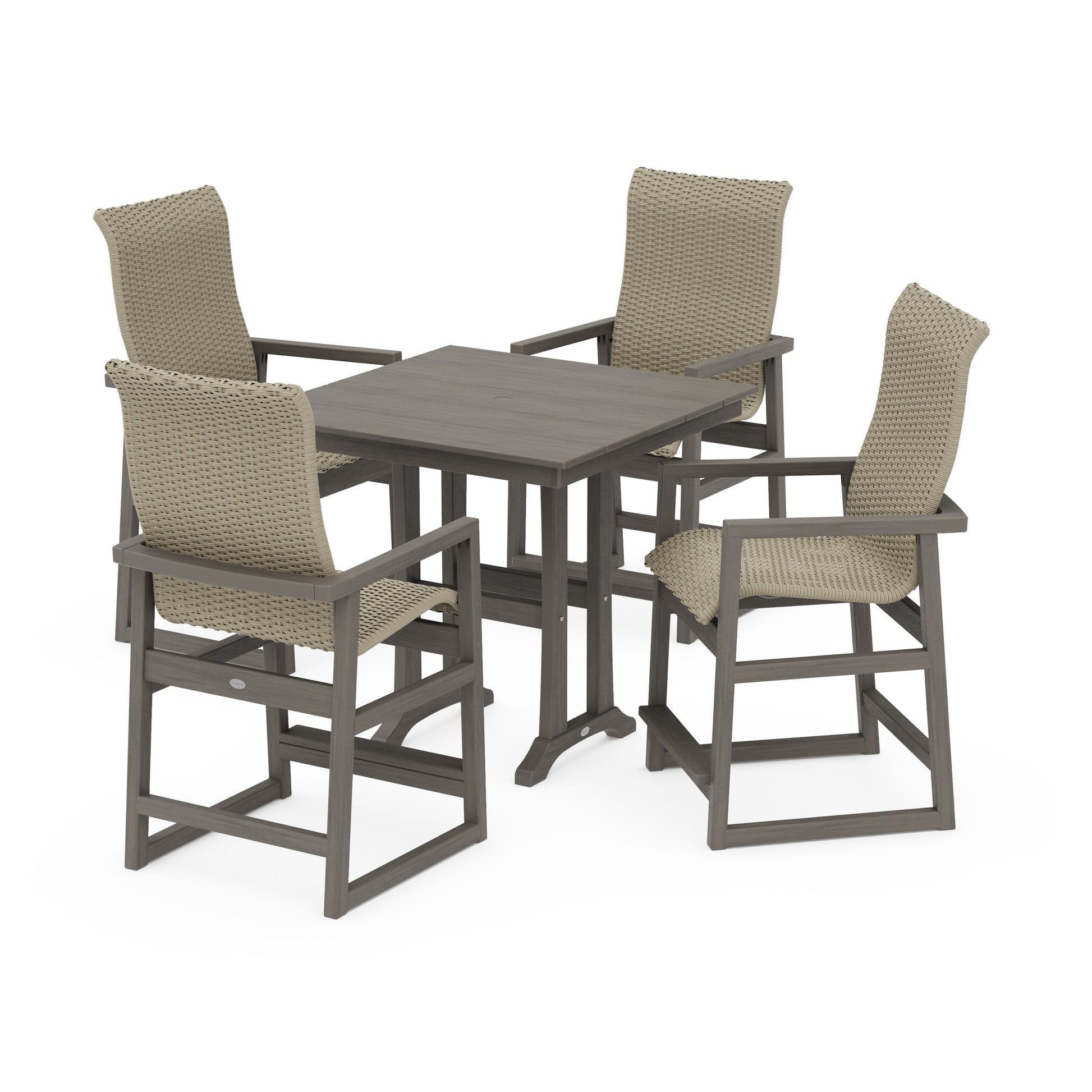 POLYWOOD EDGE Woven Highback 5-Piece Farmhouse Counter Set with Trestle Legs — Driftwood / Dune Grass