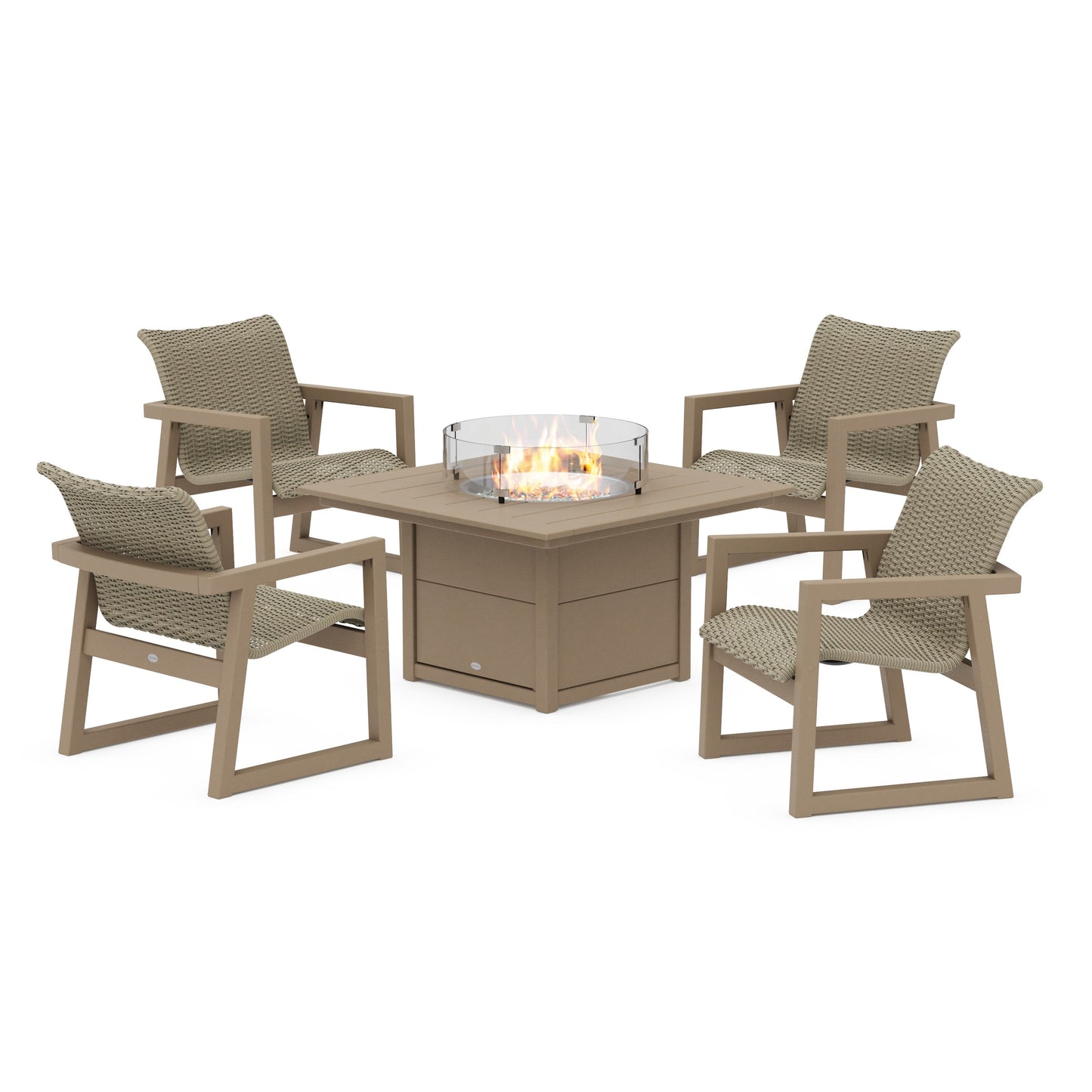 POLYWOOD EDGE Woven 5-Piece Lounge Chair Seating Set with Fire Pit Table — Vintage Sahara / Dune Grass