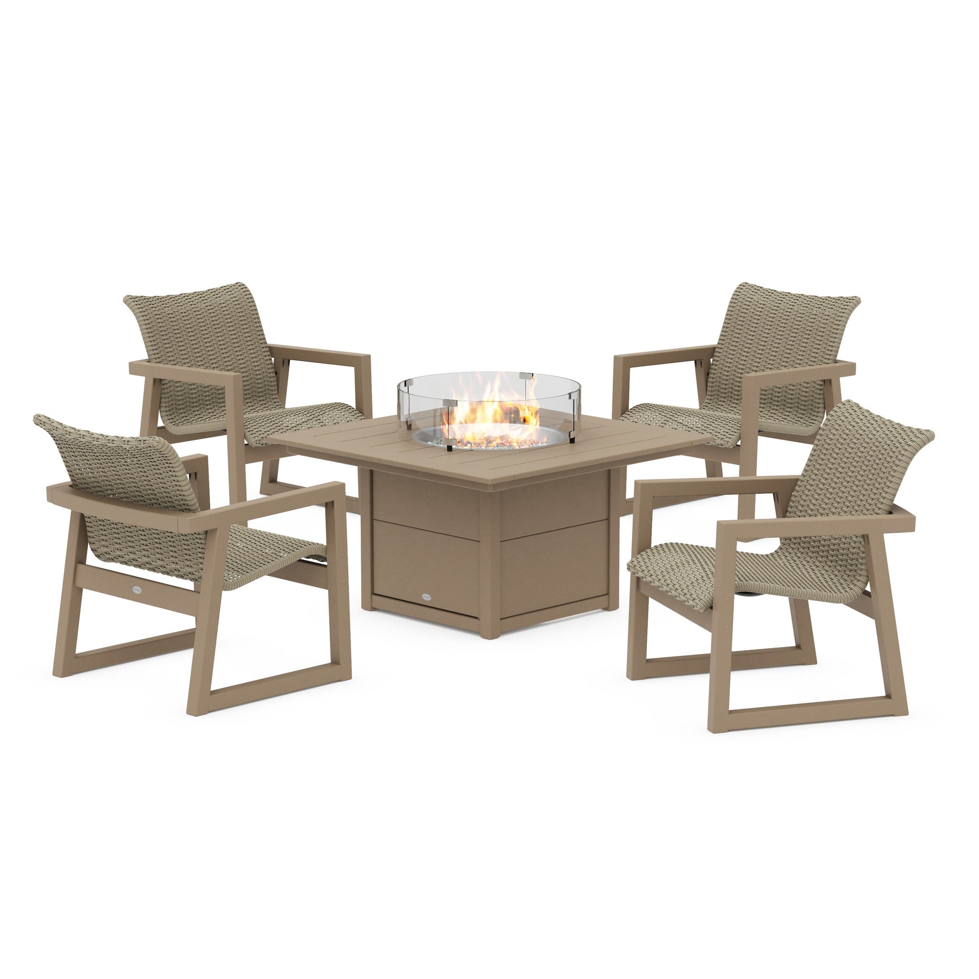 POLYWOOD EDGE Woven 5-Piece Lounge Chair Seating Set with Fire Pit Table — Vintage Sahara / Dune Grass